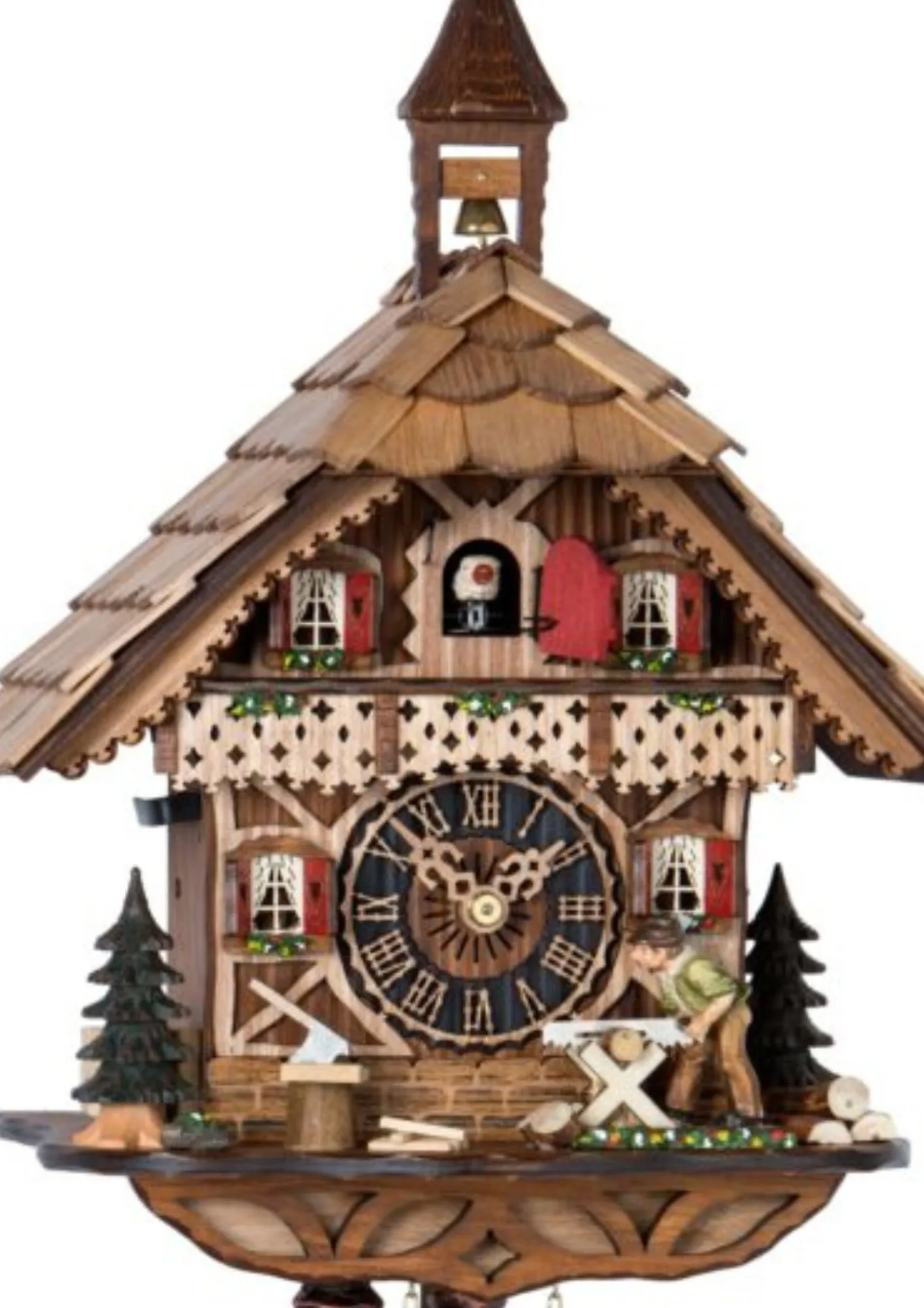 Cuckoo Clock Wood Sawyer 1 Day Movement (2) Hand carved authentic chalet style black forest cuckoo clock careved to the finest detail with wood sawyer sawing the wood when cuckoo chimes made by Hönes