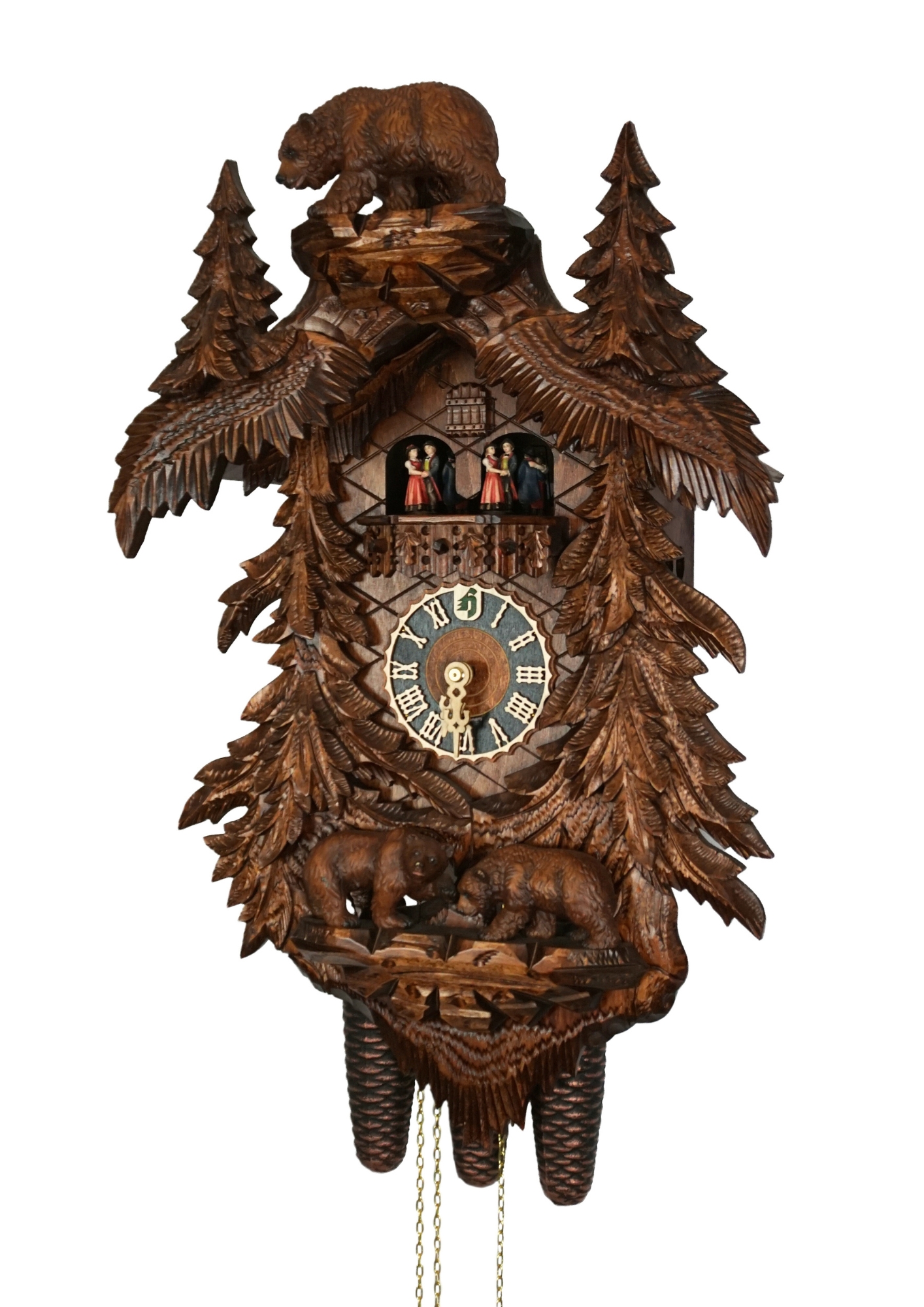 Cuckoo Clock Bears and Pine Trees 8 Day Movement with Music (2) Mechanical 8 day large brown black forest cuckoo clock with brown bears and the pine trees. Plays music on the full hour and the dancers dance with the music.