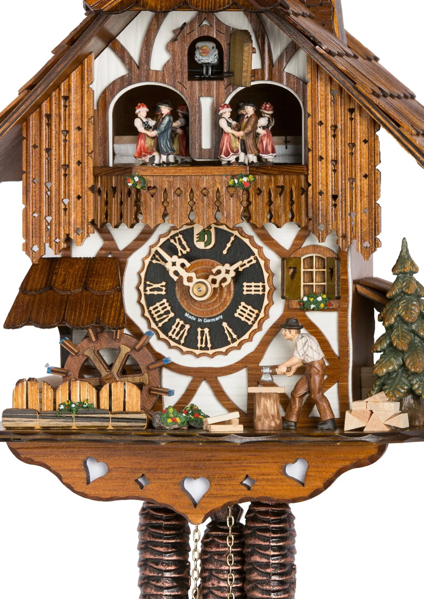 Cuckoo Clock White House Wood Chopper 1 Day Movement with Music (2) Authentic mechanical black forest cuckoo clock with a wood chopper chopping wood in front of the white black forest house, water wheel and dancers turn as the music plays made by Hönes