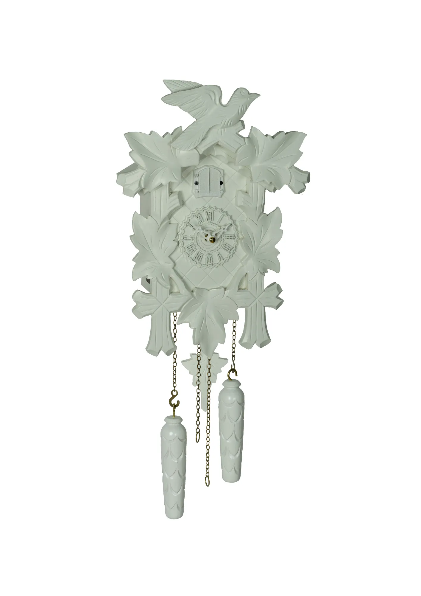 Carved Black Forest cuckoo clock in white color modern design plays music made by Trenkle Uhren