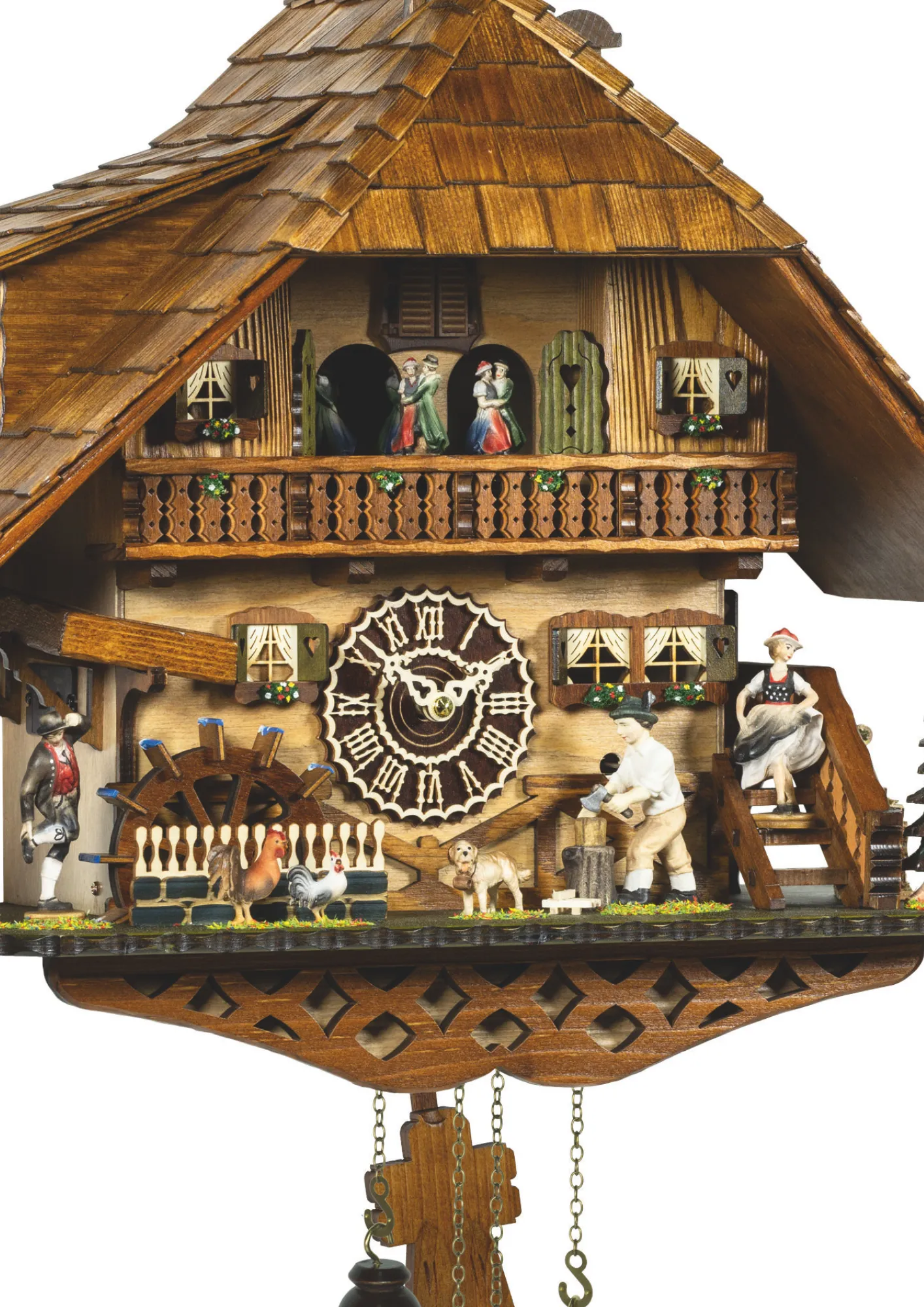 Large black forest farmhouse battery quarz cuckoo clock with wood chopper black forest lady dancers and music made by Trenkle Uhren