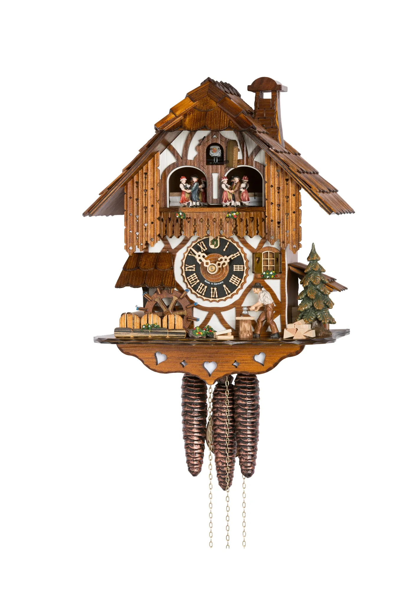 Authentic mechanical black forest cuckoo clock with a wood chopper chopping wood in front of the white black forest house, water wheel and dancers turn as the music plays made by Hönes