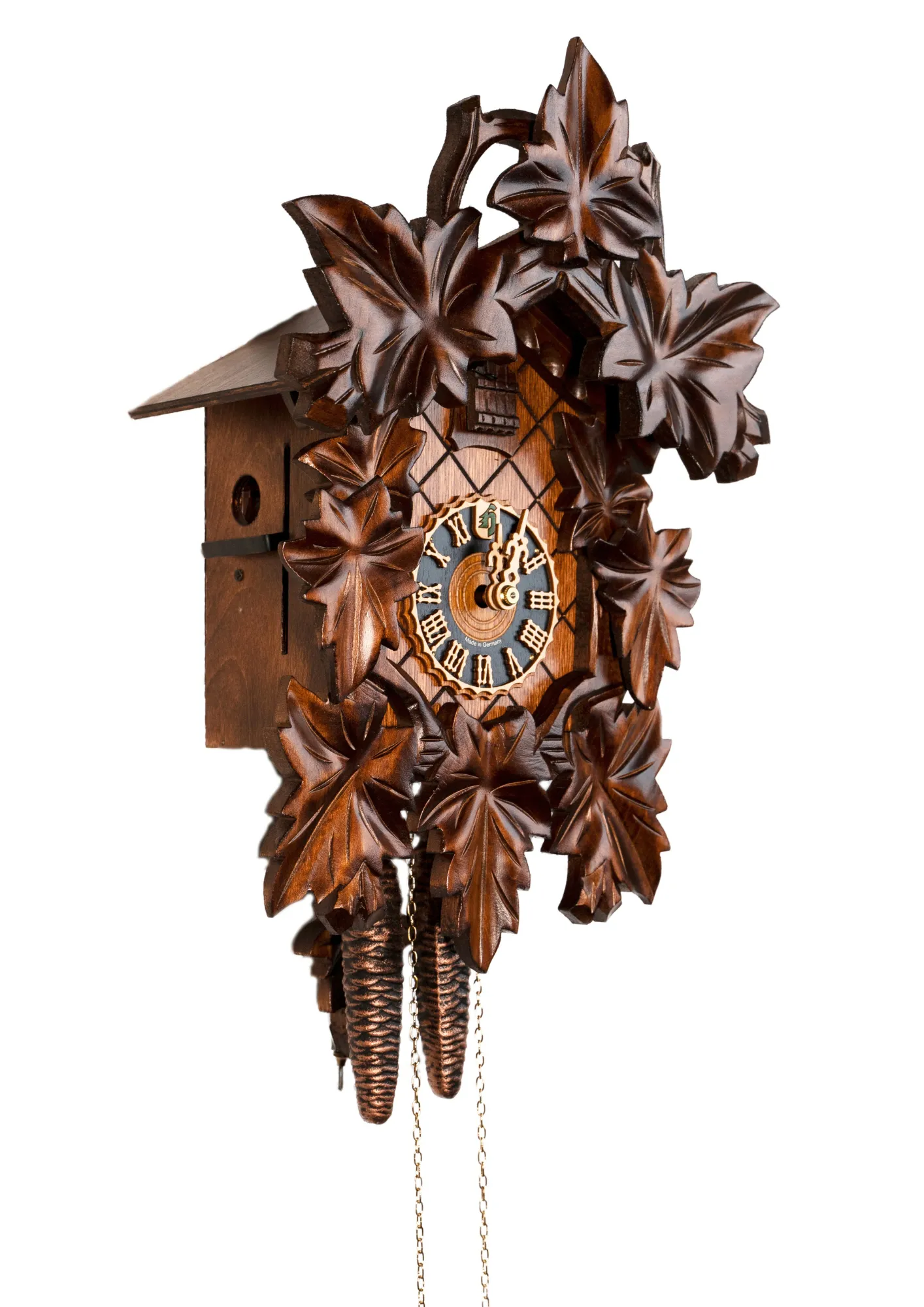 original authentic  brown black forest cuckoo clock decorated with wine leaves made by Hönes