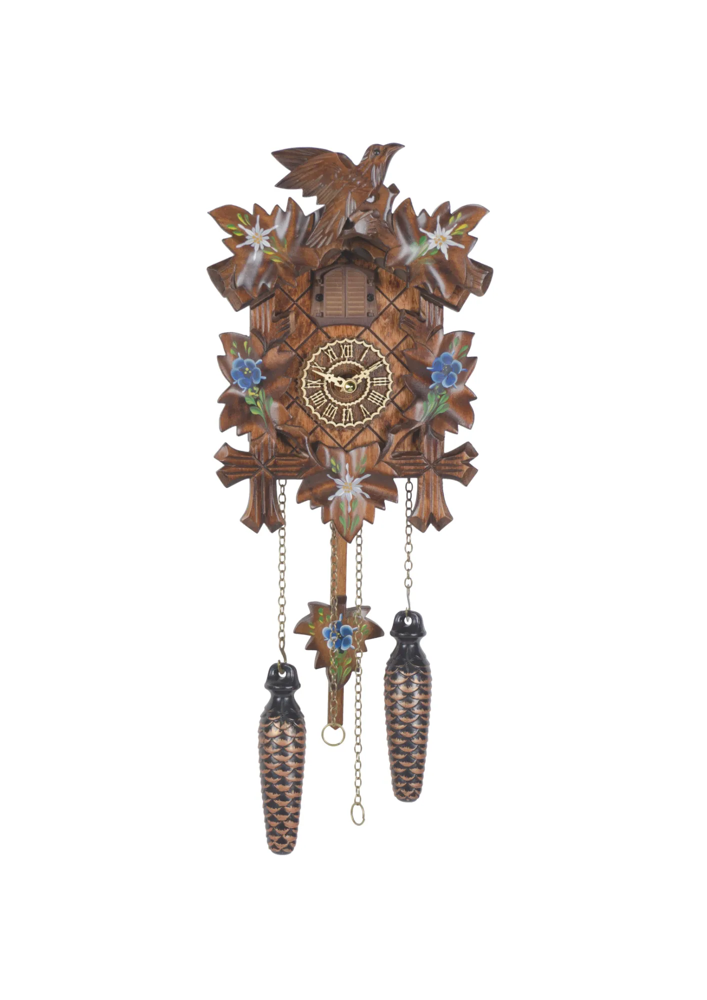 Classic carved black forest cuckoo clock with edelweiss and forget me not flowers hand painted on it plays music made by Trenkle Uhren