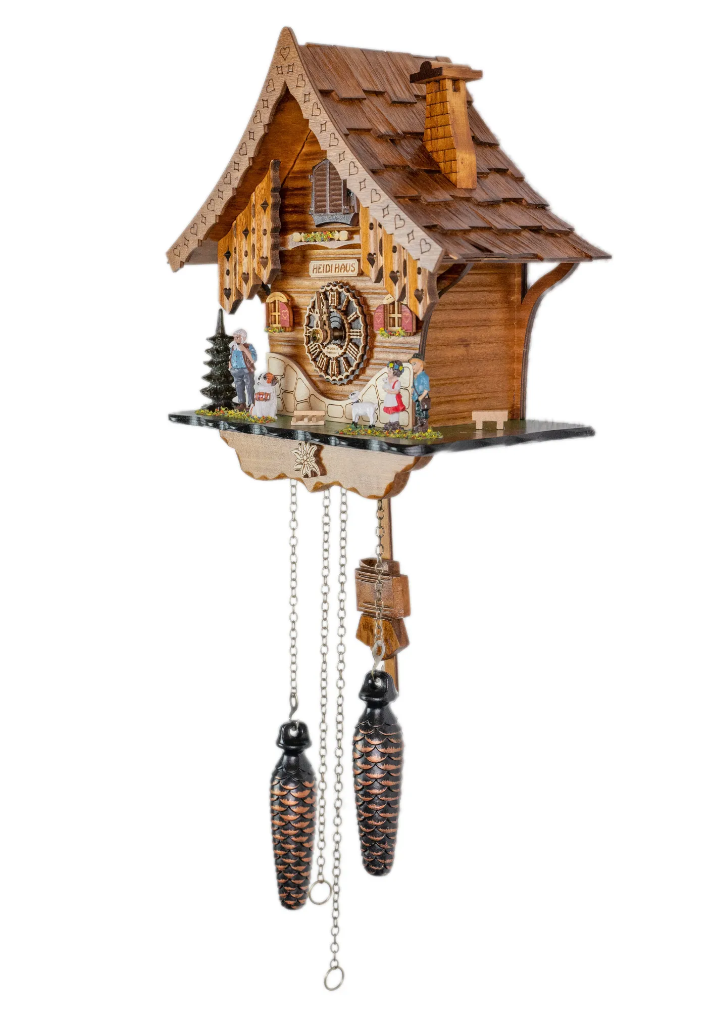 Cuckoo Clock Heidi Chalet Battery (3) Apline region battery cuckoo clock with music representing the Heidi story made by Trenkle Uhren