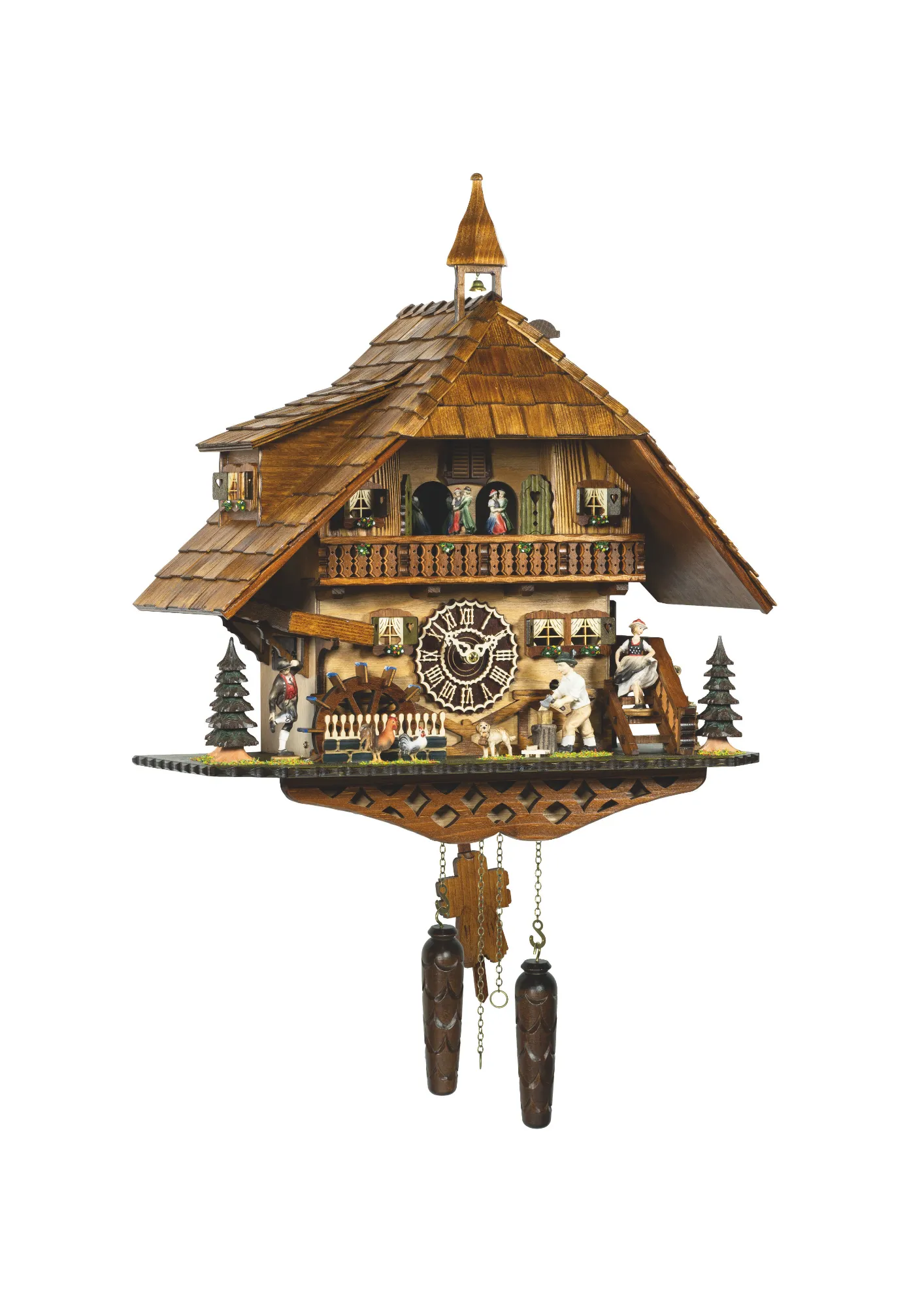 Large black forest farmhouse battery quarz cuckoo clock with wood chopper black forest lady dancers and music made by Trenkle Uhren