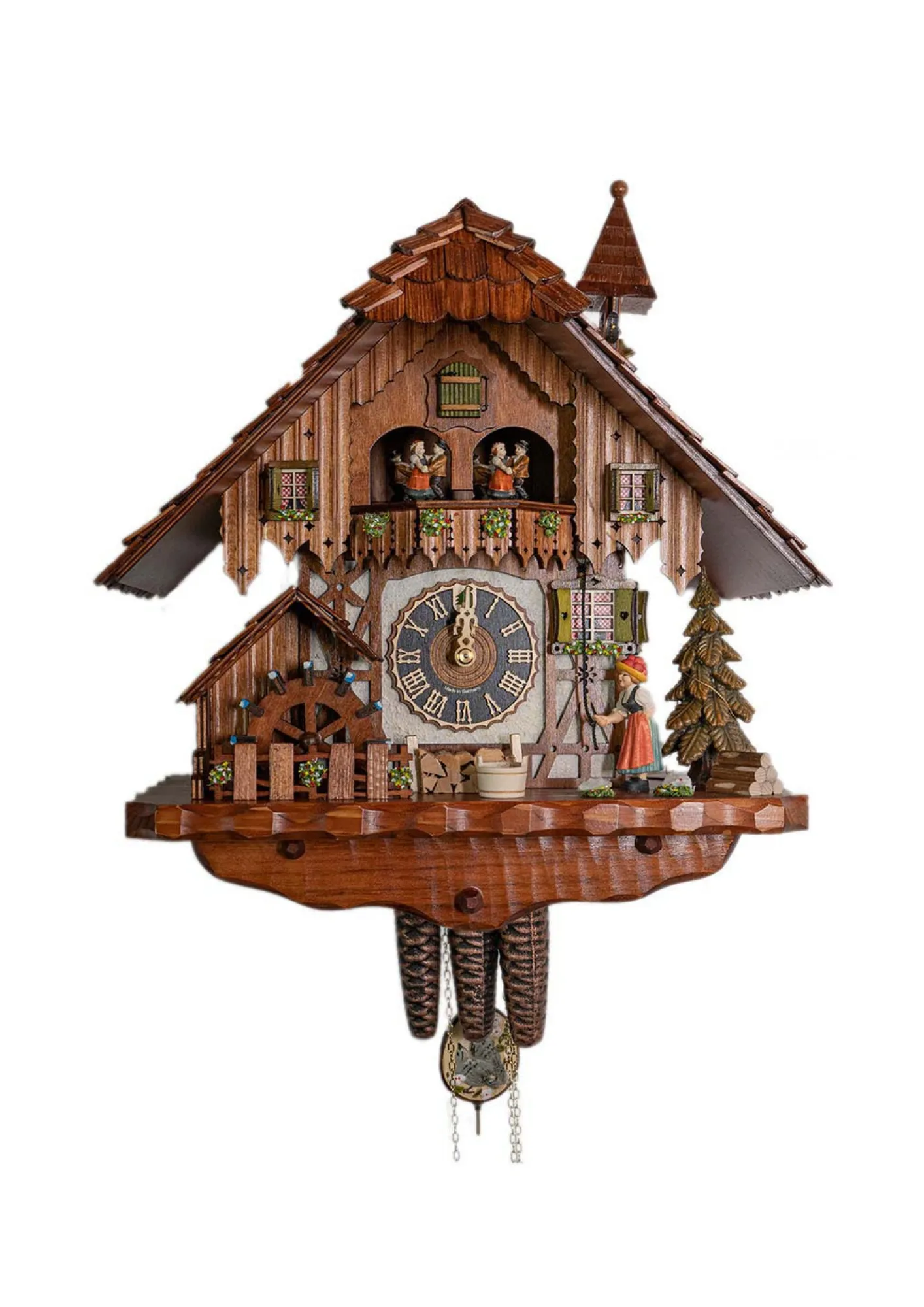 Cottage brown-white mechanical black forest cuckoo clock with black forest lady in traditional dress with bollenhut ringing the house bell, while music is being played dancers dance and water wheel turn. made by Hönes