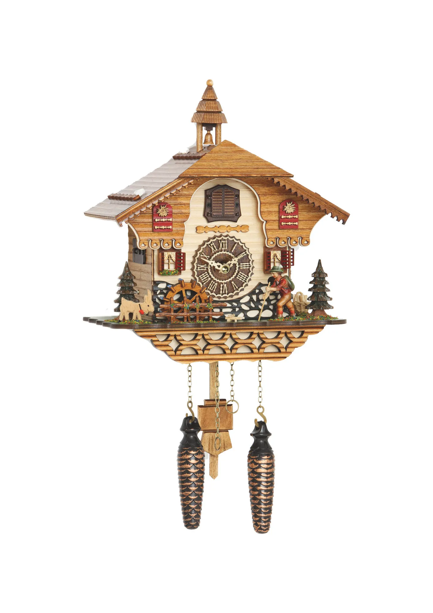 Black Forest cuckoo clock with the mountain hiker moving his stick as the music plays water wheel turns made by Trenkle Uhren