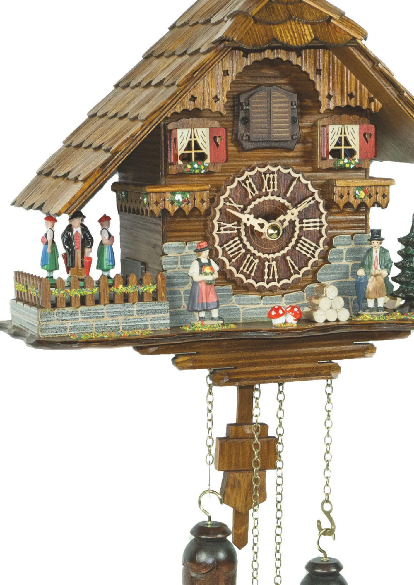 Cuckoo Clock Sunday Afternoon Battery (2) Chalet black forest cuckoo clock with figurines dressed up in traditional black forest clothing plays music made by Trenkle Uhren
