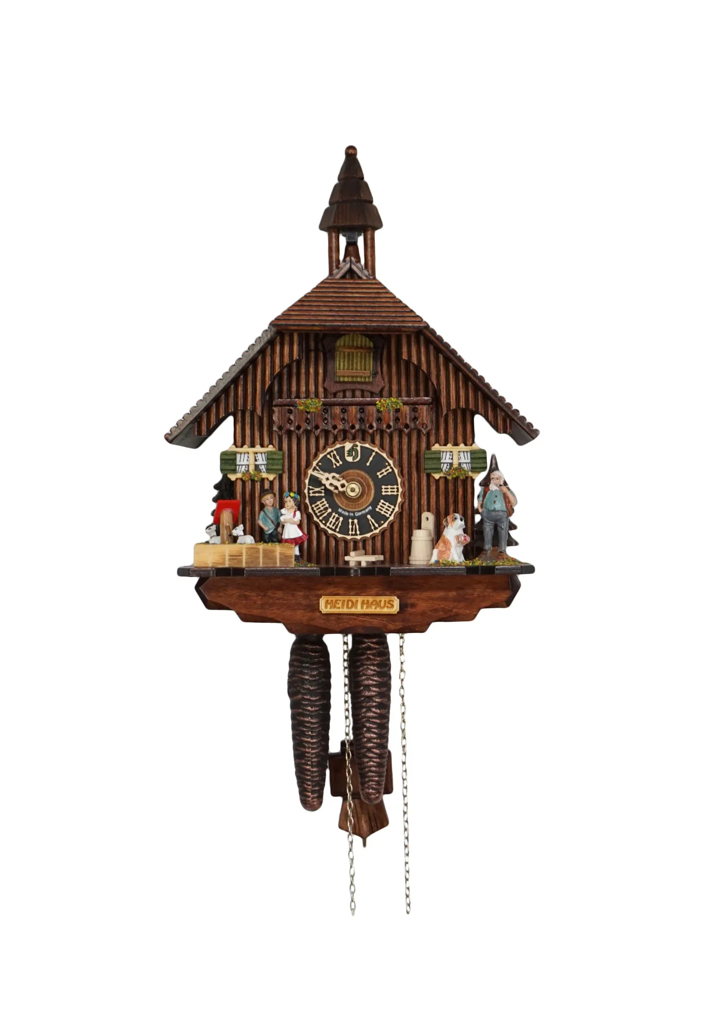 Beutiful Heidi storyline black forest cuckoo clock decorated with the main characters from the store and Heidi House sign made by Hönes