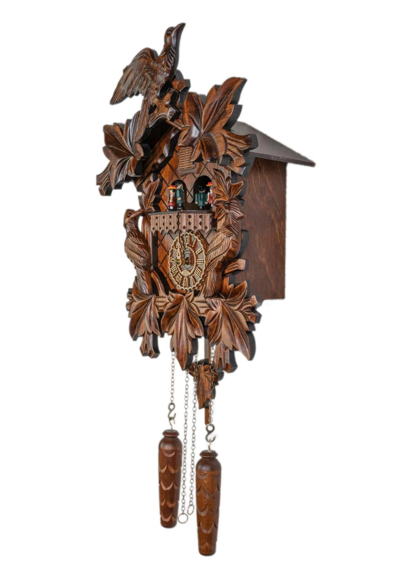 Cuckoo Clock Traditional Style, Three Birds Battery (3) traditional style carved cuckoo clock with ivy leaves and three birds decorating the clock, plays music and dancers turn made by Trenkle Uhren