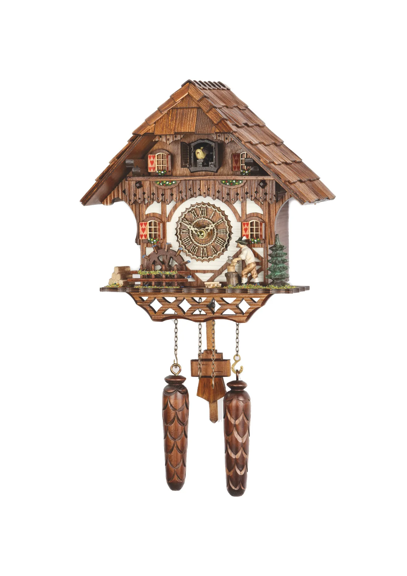 Chalet cuckoo clock with music depicts wood working in the Black Forest with a wood chopper made by Trenkle Uhren