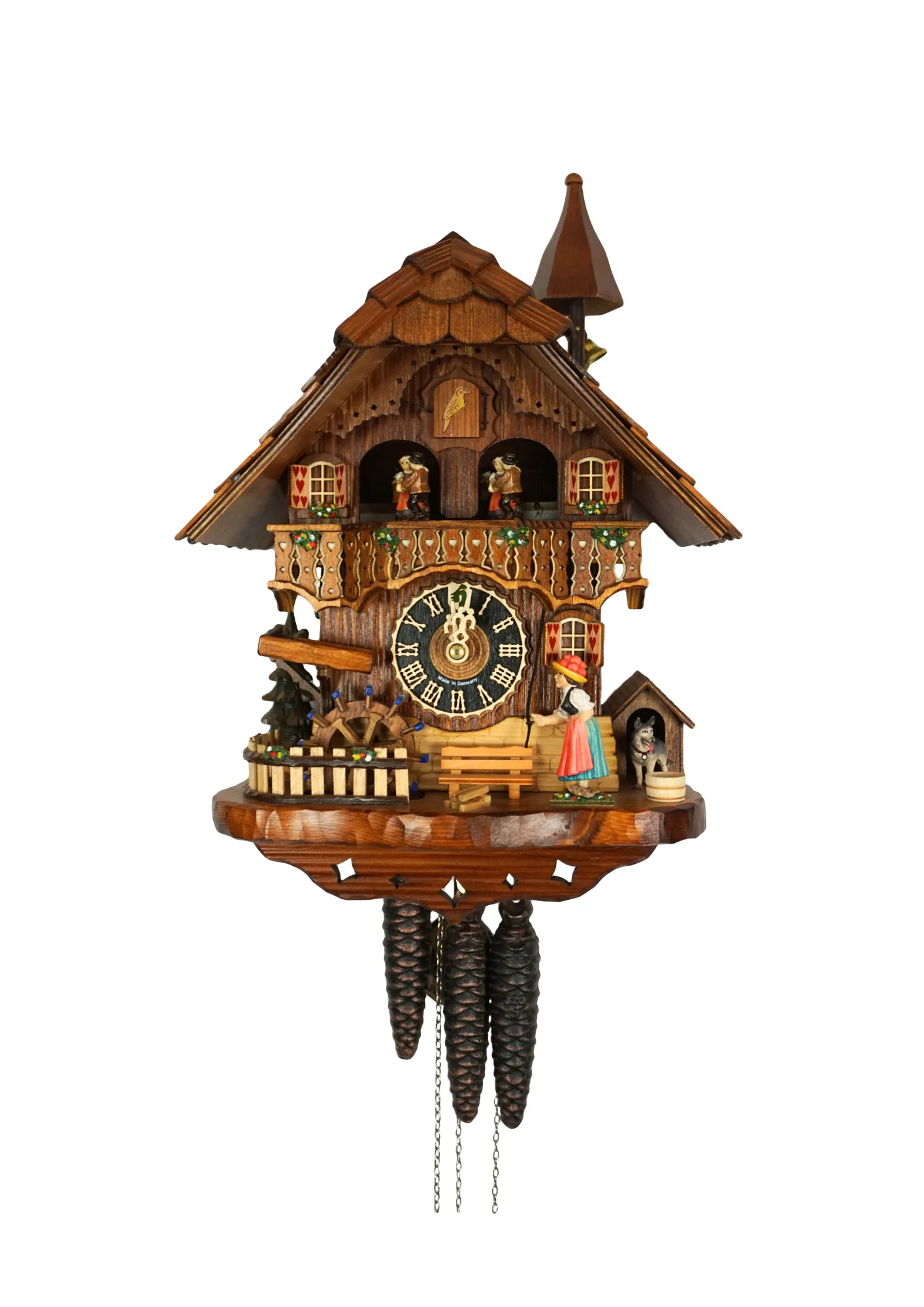 Chalet style authentic mechanical black forest cuckoo clock with shingle roof, church tower bell and black forest lady wearing traditional clothing, the lady rings the bell together with the cuckoo sound, music plays dancers dance and water wheel turns