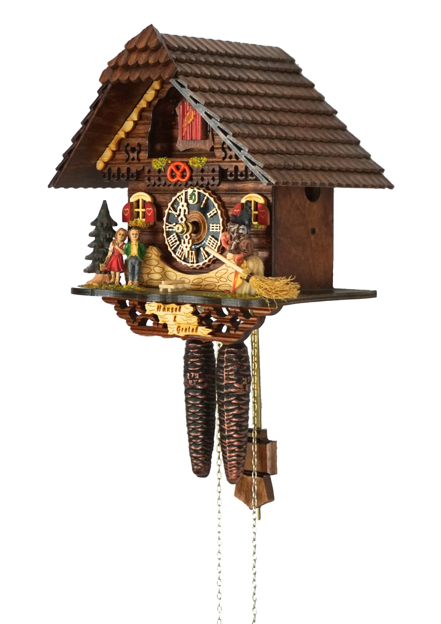 Cuckoo Clock Hansel and Gretel 1 Day Movement (2) Authentic black forest cuckoo clock representing hansel and gretel story where the witch can be seen in front of the house of sweets made by Hönes