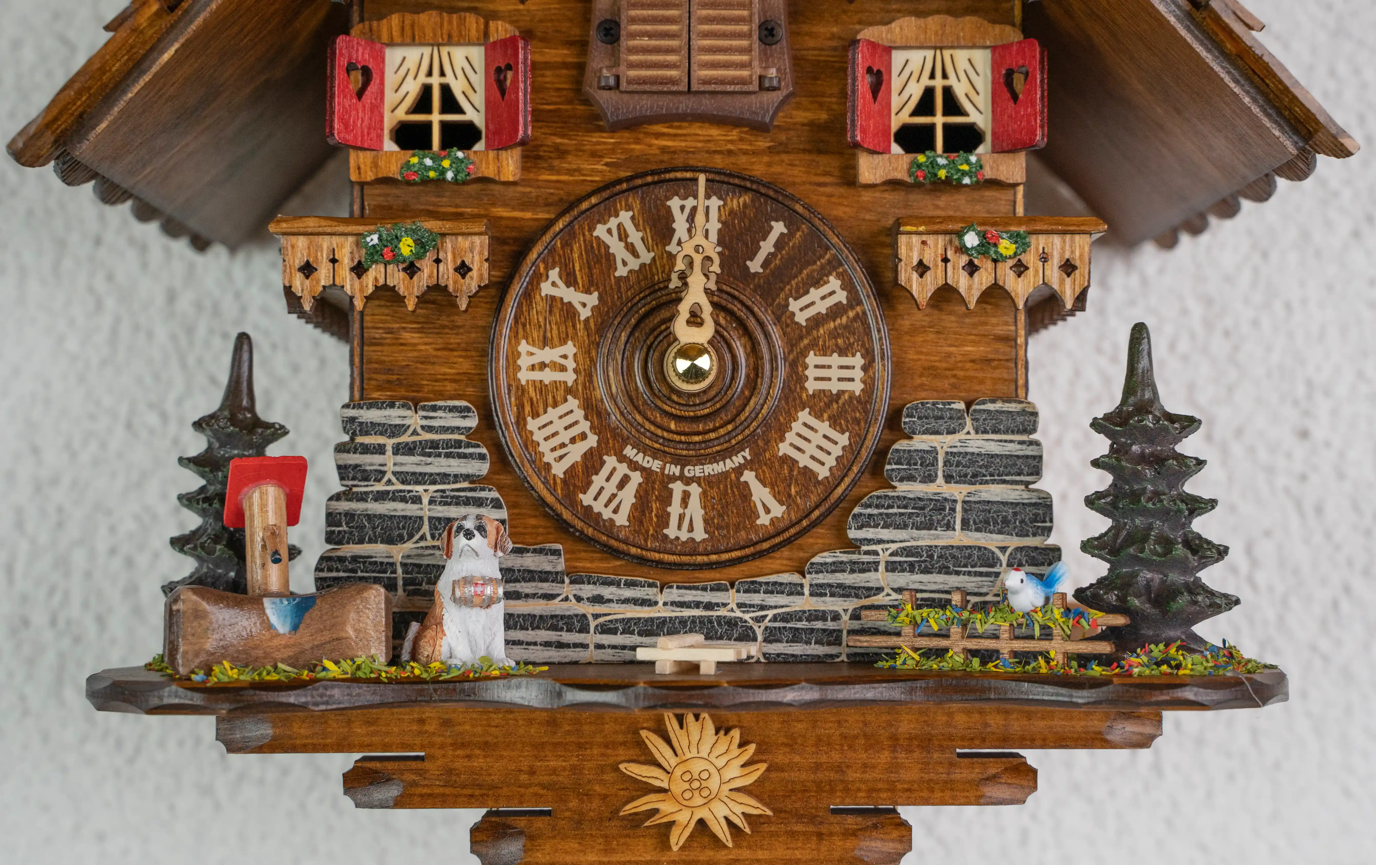 Cuckoo Clock Chalet with St. Bernard Battery (5) Souvenir battery chalet cuckoo clock with st. bernard plays music made by Trenkle Uhren