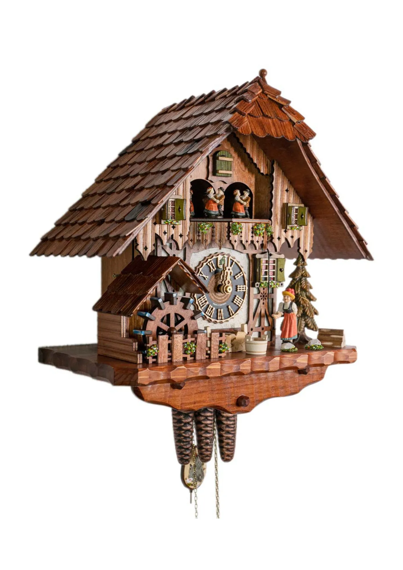 Cuckoo Clock Bell Ringer, Cottage House 1 Day Movement Music (2) Cottage brown-white mechanical black forest cuckoo clock with black forest lady in traditional dress with bollenhut ringing the house bell, while music is being played dancers dance and water wheel turn. made by Hönes
