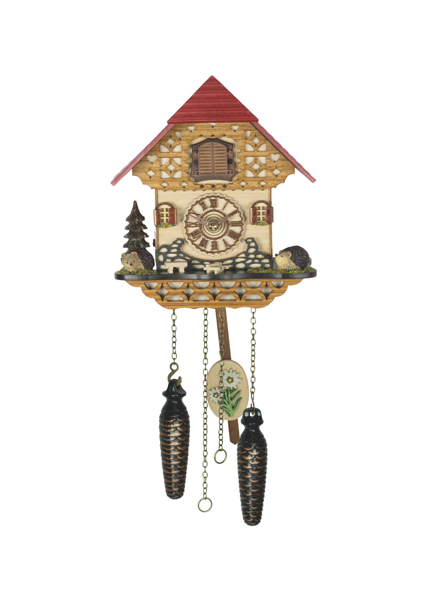 This cute little chalet-style clock shows round little hedgehogs sniffing their way around a house plays music made by Trenkle Uhren