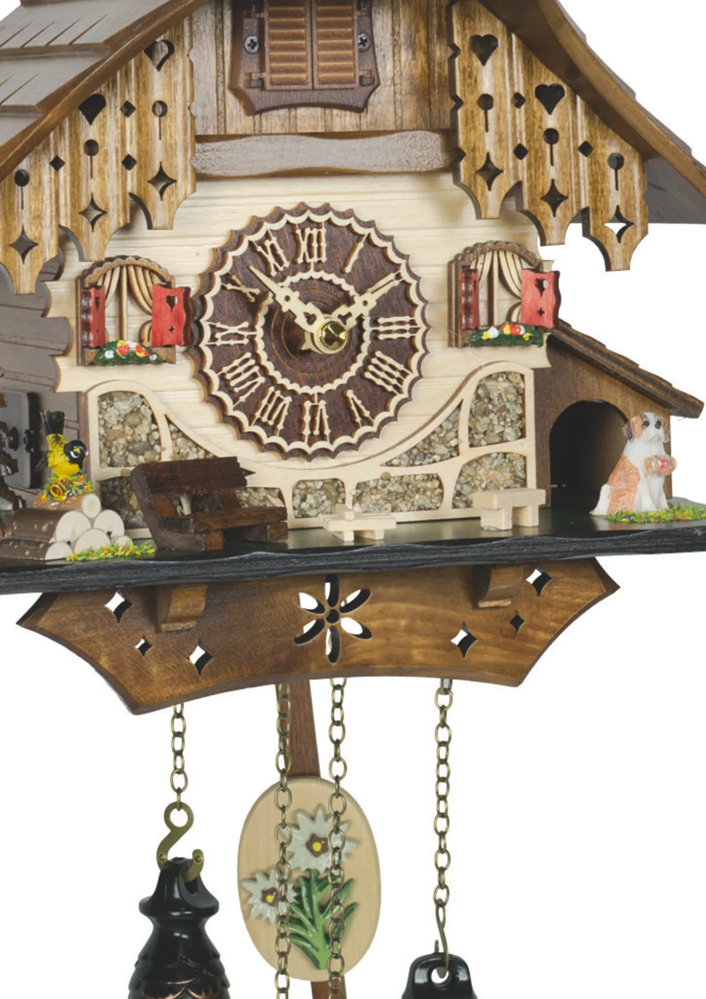 Cuckoo Clock St. Bernard Battery (2) Chalet cuckoo clock shows a St. Bernard standing guard in front of his home in the mountains plays music made by Trenkle Uhren