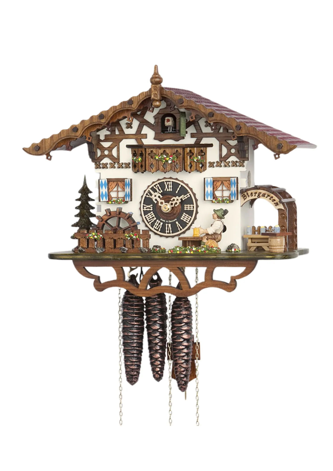 Small mechanical black forest cuckoo clock with music decorated in Bavarian October Fest style with a beer drinker hitting the beer stein on the table as the music plays, water wheel turns but clock has no dacners made by Hönes