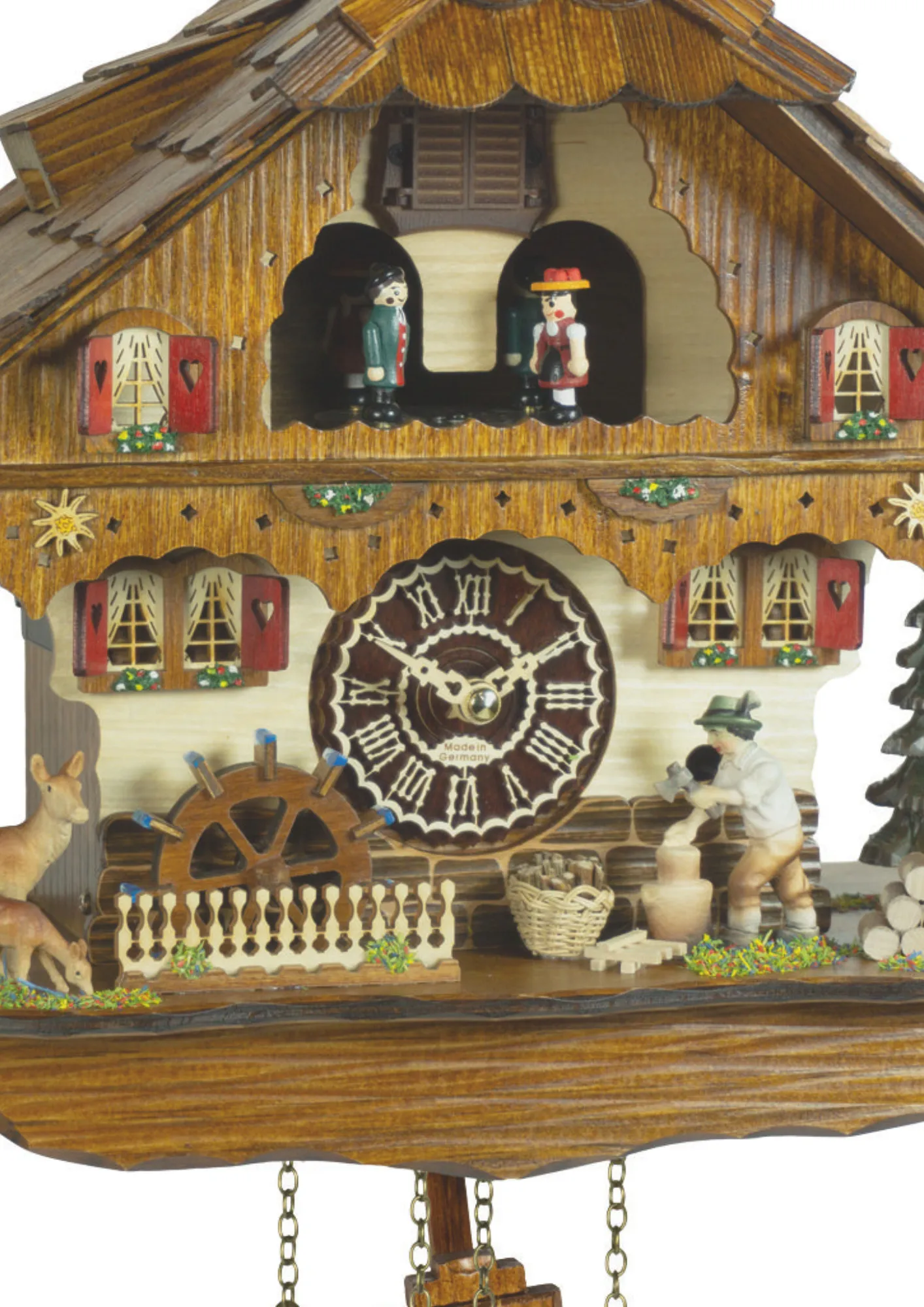Cuckoo Clock Forest Wood Chopper Battery (2) Black forest cuckoo clock in chalet style with wood chopper water wheel dancers and music made by Trenkle Uhren