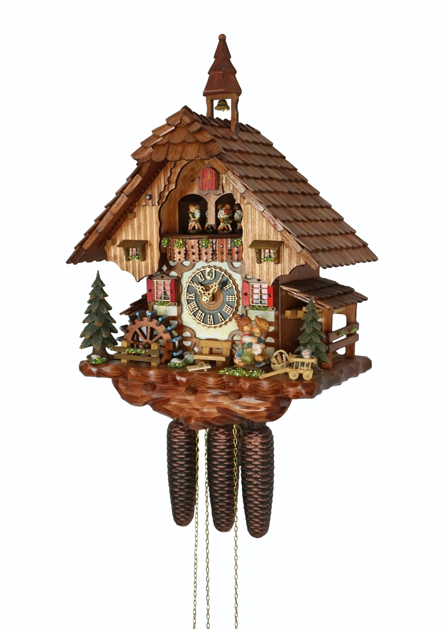 Chalet shingle roof mechanical black forest cuckoo clock with presice attention to detail. The kids are turning their heads and kissing, water wheel turns and the dancers are dancing as the music is playing