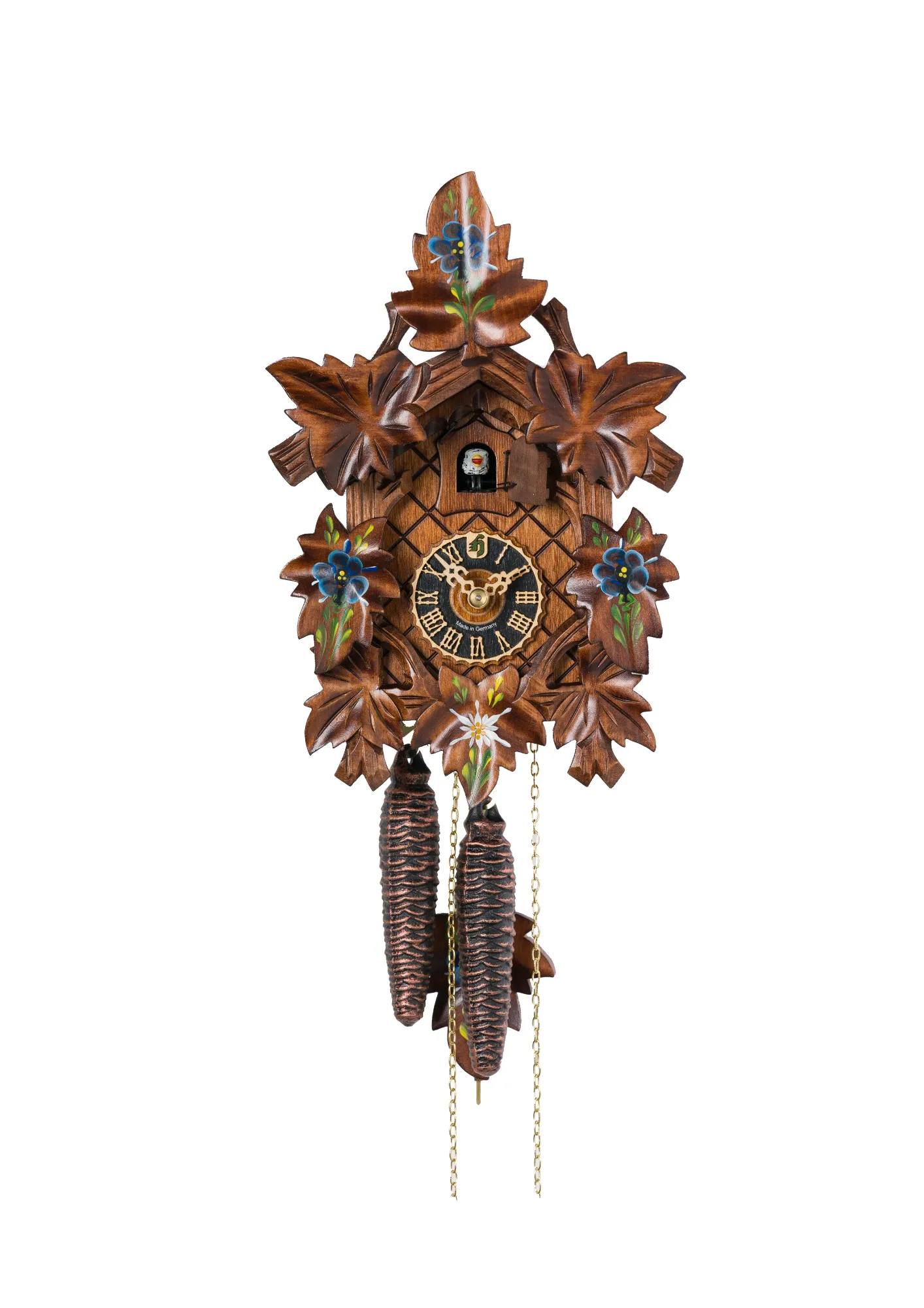 Small hand carved mechanical authentic black forest cuckoo clock with hand painted edelweiss and forget me not flowers made by Hönes