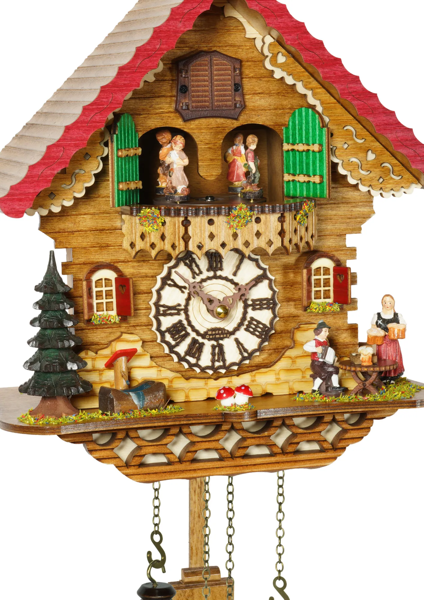 Cuckoo Clock Beer Drinker and Bar Maid Battery (2) Black Forest cuckoo clock with dancers beer drinker and a bar maid playing music made by Trenkle Uhren