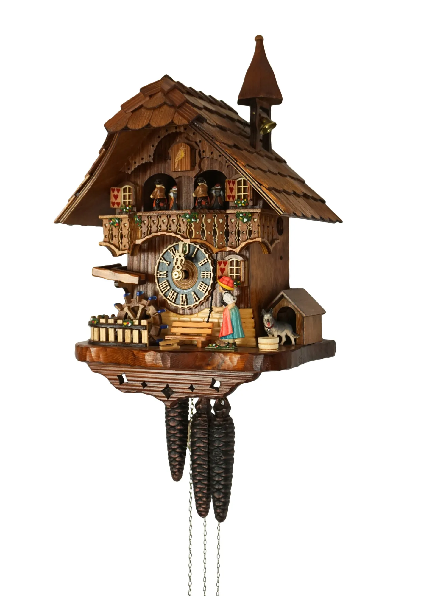 Cuckoo Clock Bell Ringer 1 Day Movement Music (2) Chalet style authentic mechanical black forest cuckoo clock with shingle roof, church tower bell and black forest lady wearing traditional clothing, the lady rings the bell together with the cuckoo sound, music plays dancers dance and water wheel turns