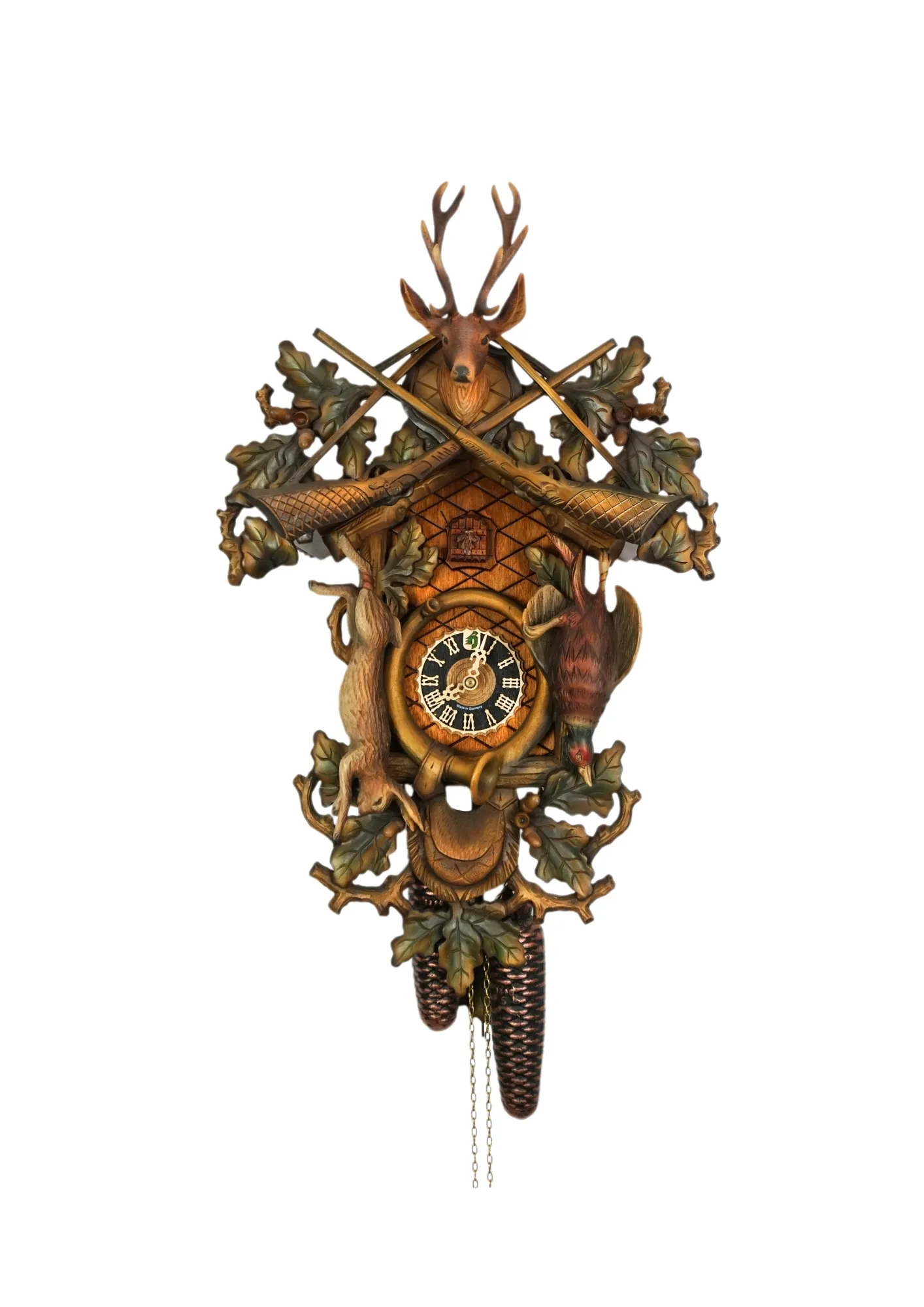 beautiful colorful hand carved traditional style hunter clock spray painted to the finest detail, decorated with rabbit, phasan and deer head as hauting trophies made by Hönes