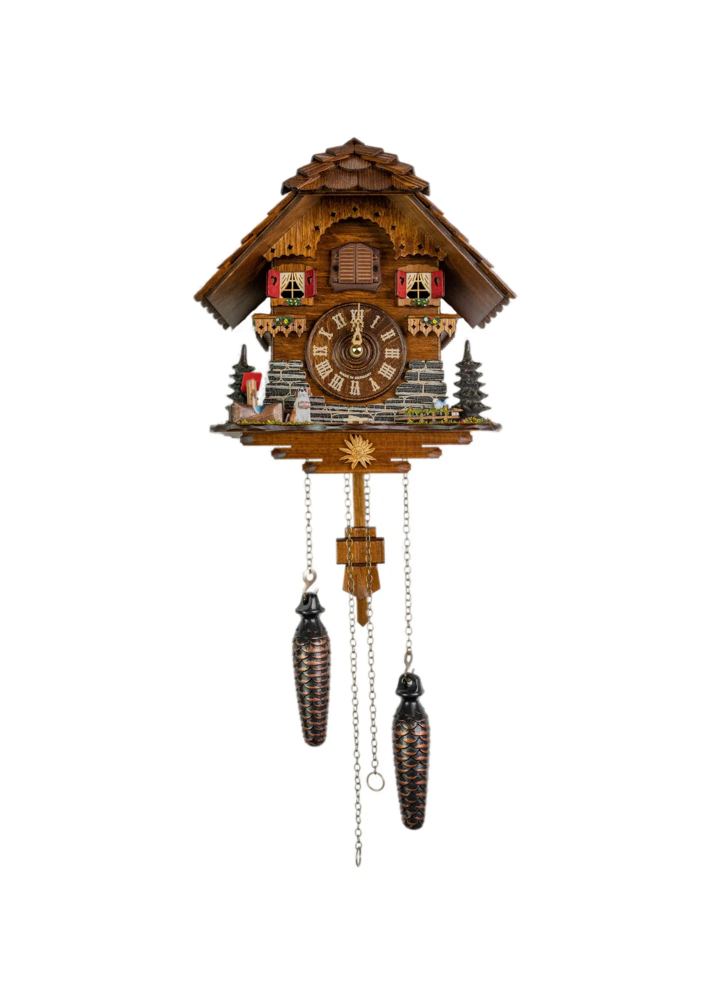 Souvenir battery chalet cuckoo clock with st. bernard plays music made by Trenkle Uhren 