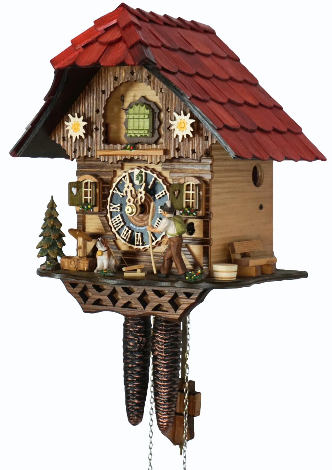 Cuckoo Clock Hiker 1 Day Movement (2) Chalet style red roof beautiful black forest cuckoo clock decorated with edelweiss flowers and a hiker who moves his stick with a cuckoo sound made by Hönes