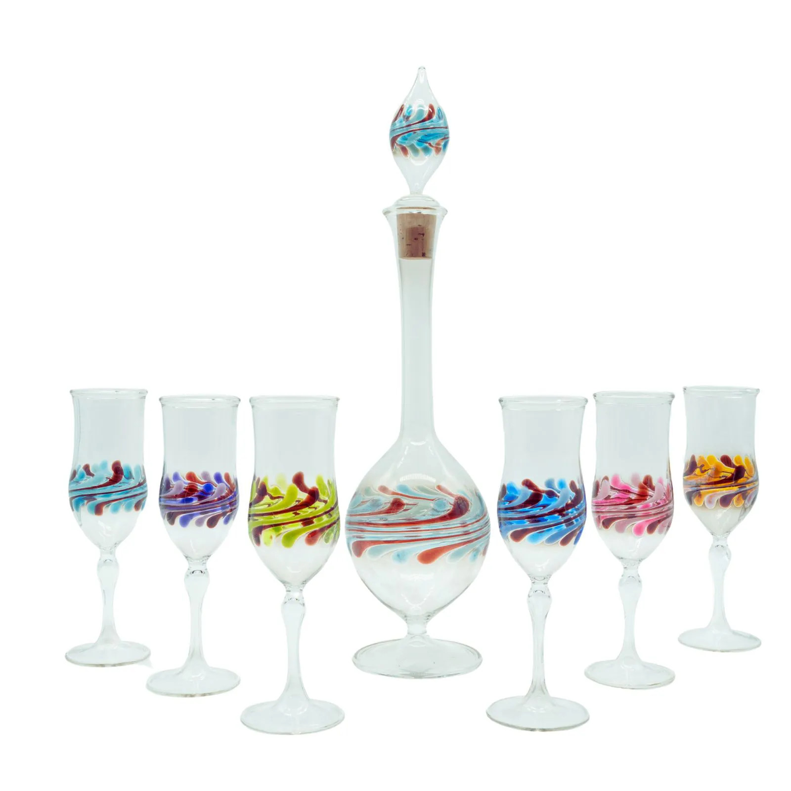 Ravenna Decanter Torquise (3) Beautiful torquise fine glass decanter with mixed color glasses from the Ravenna set named after Ravenna Gorge, handmade by our glassblower in our very own glassmanufactory in the Black Forest Hofgut Sternen