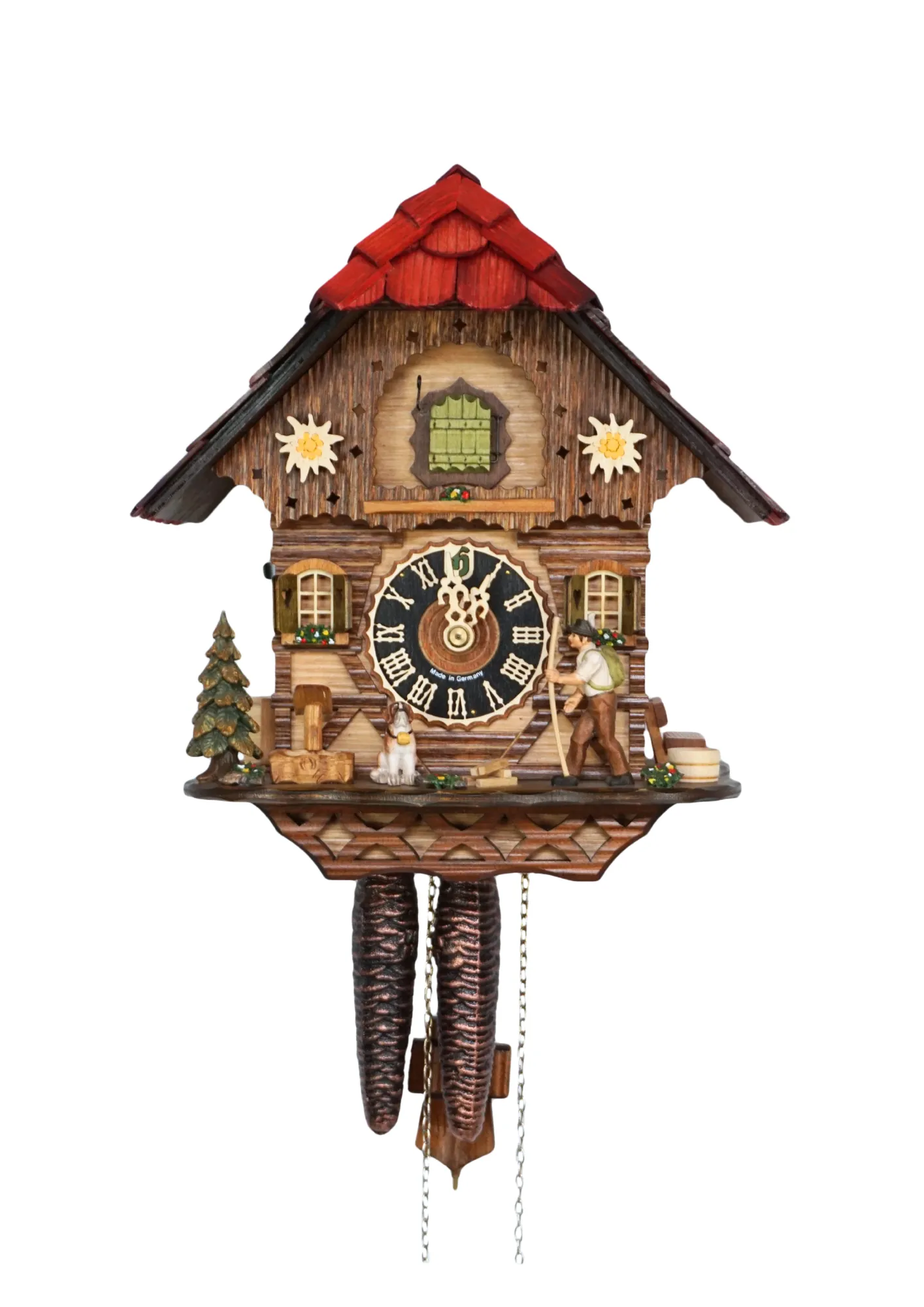 Chalet style red roof beautiful black forest cuckoo clock decorated with edelweiss flowers and a hiker who moves his stick with a cuckoo sound made by Hönes