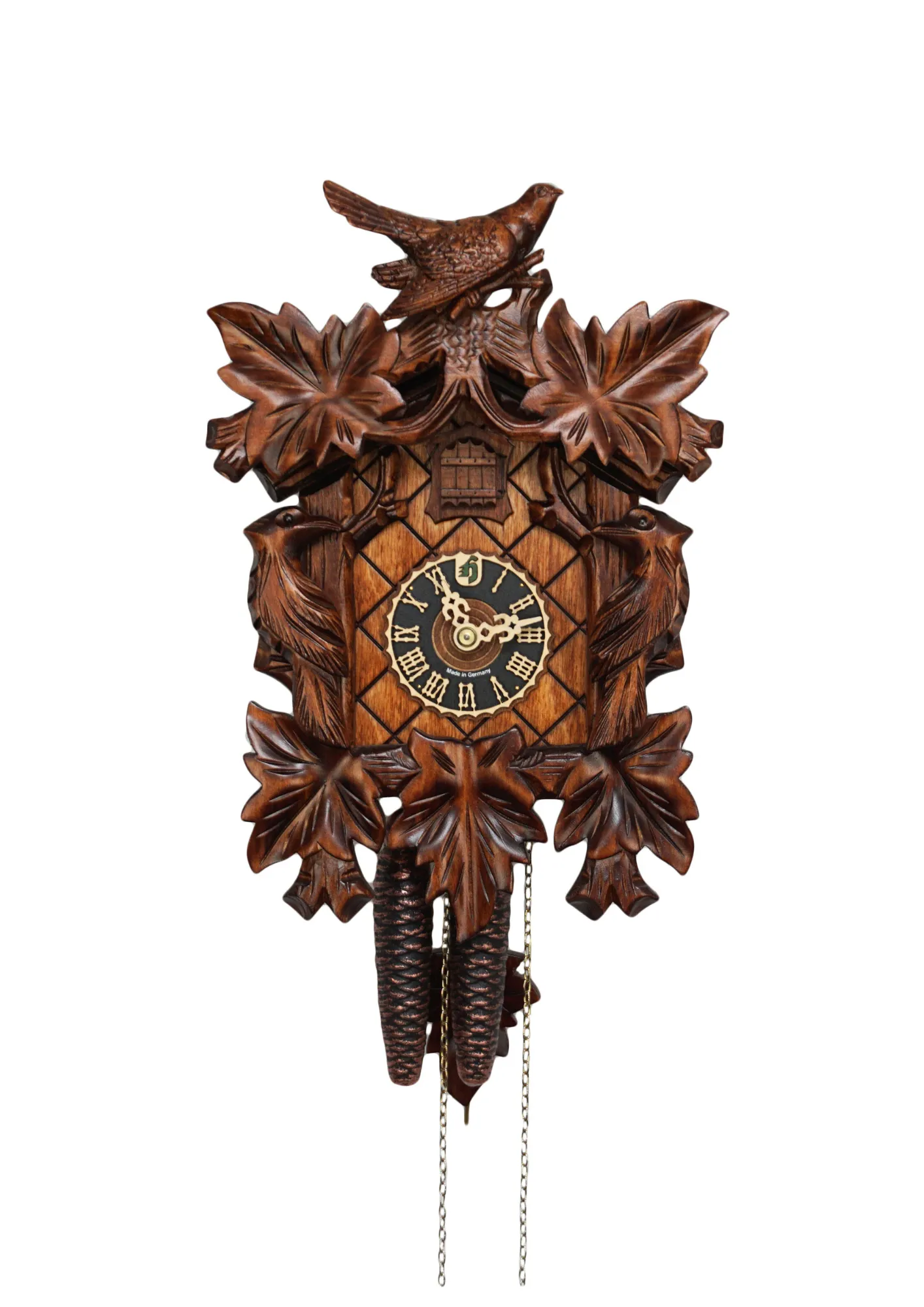 Authentic brown mechanical black forest cuckoo clock with wood peckers, one day clockwork, made by Hönes
