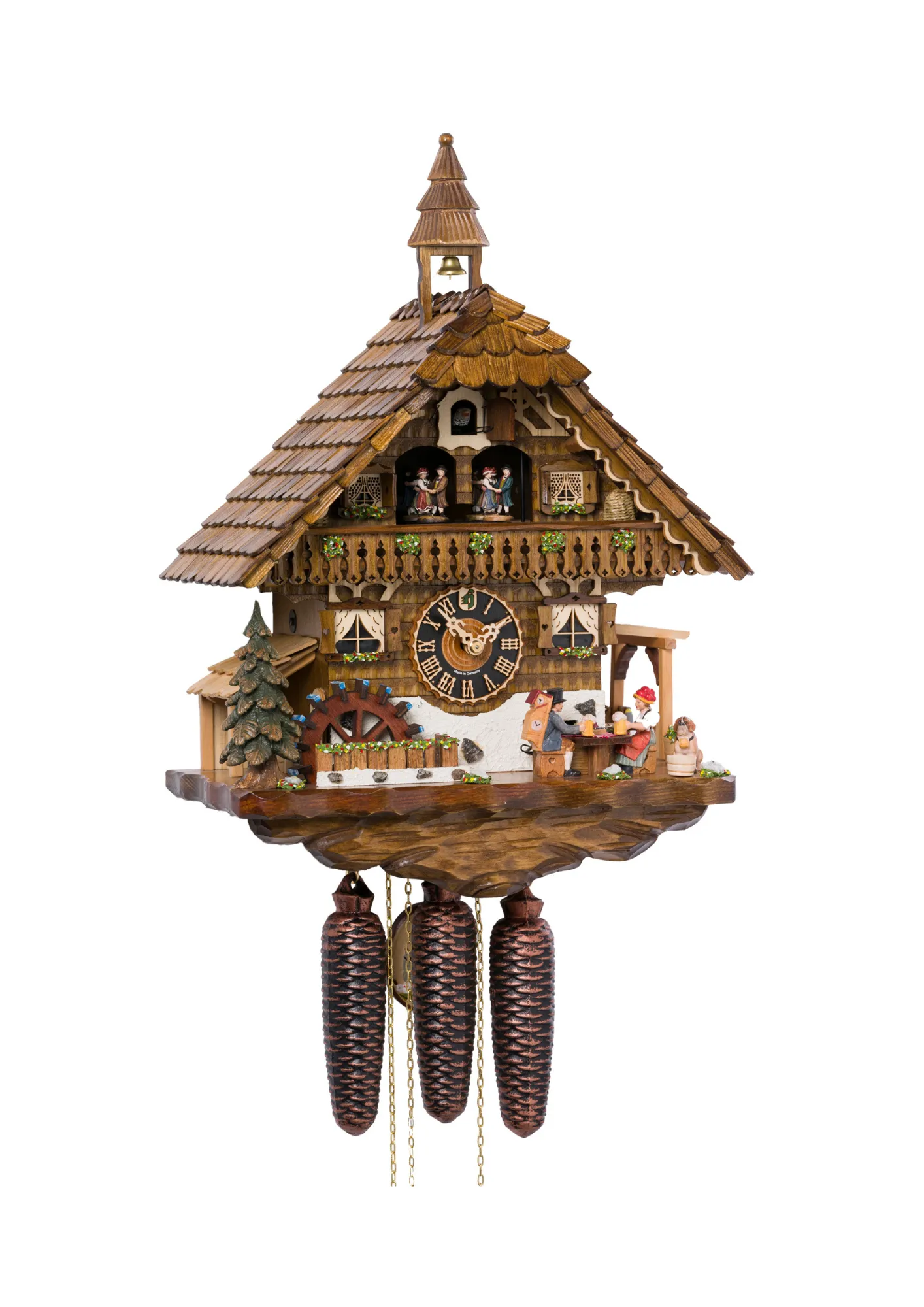 Large colorful mechanical 8 day black forest cuckoo clock shows a cuckoo clock salesman and Black Forest lady in traditional dress with "Bollenhut" relaxing and drinking a good ol' mug of beer in the beer garden after a long day's work. Dancers dance, wat