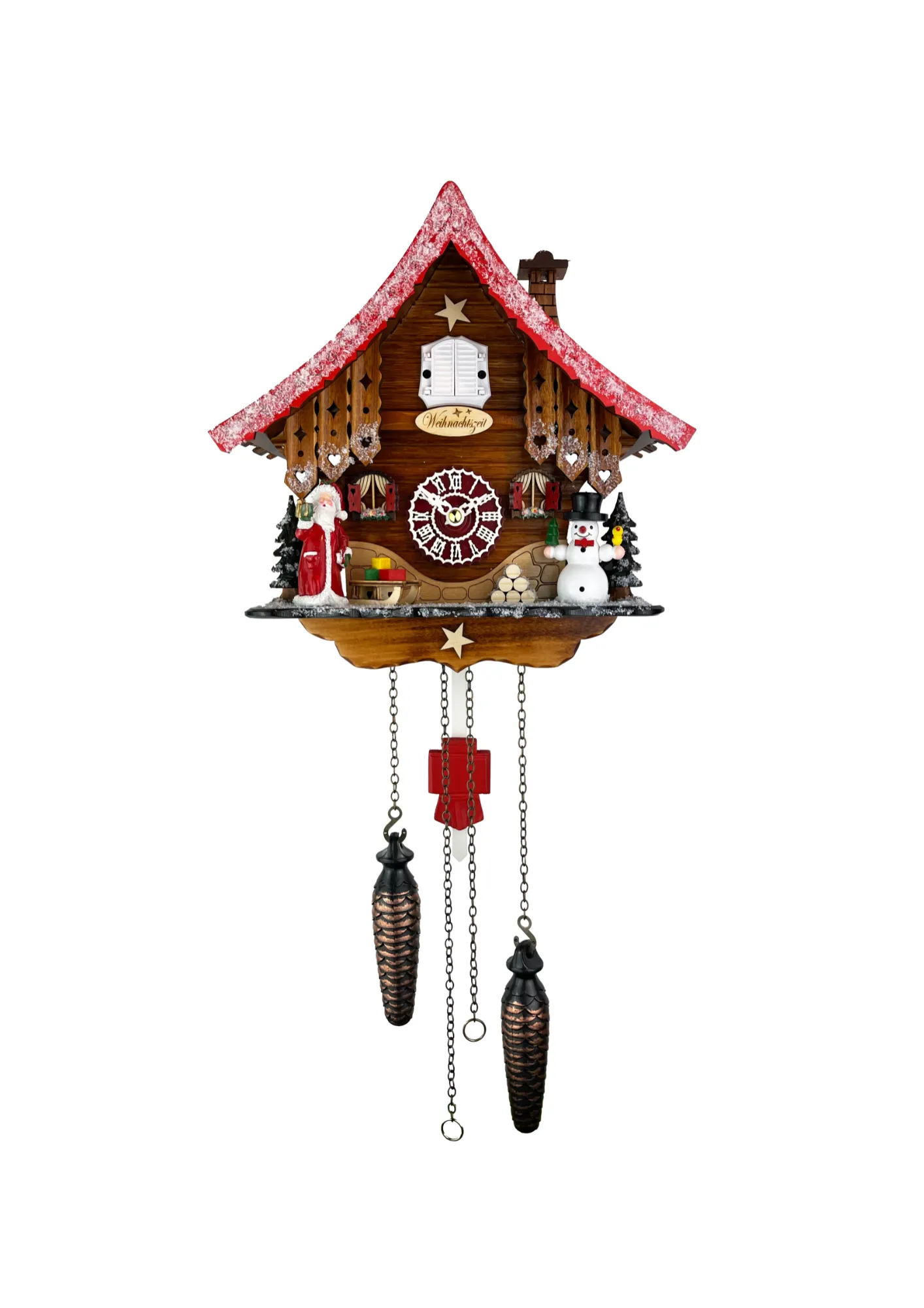 Christmas black forest cuckoo clock with a santa claus and snowman in front of the red roof house plays music made by Trenkle Uhren