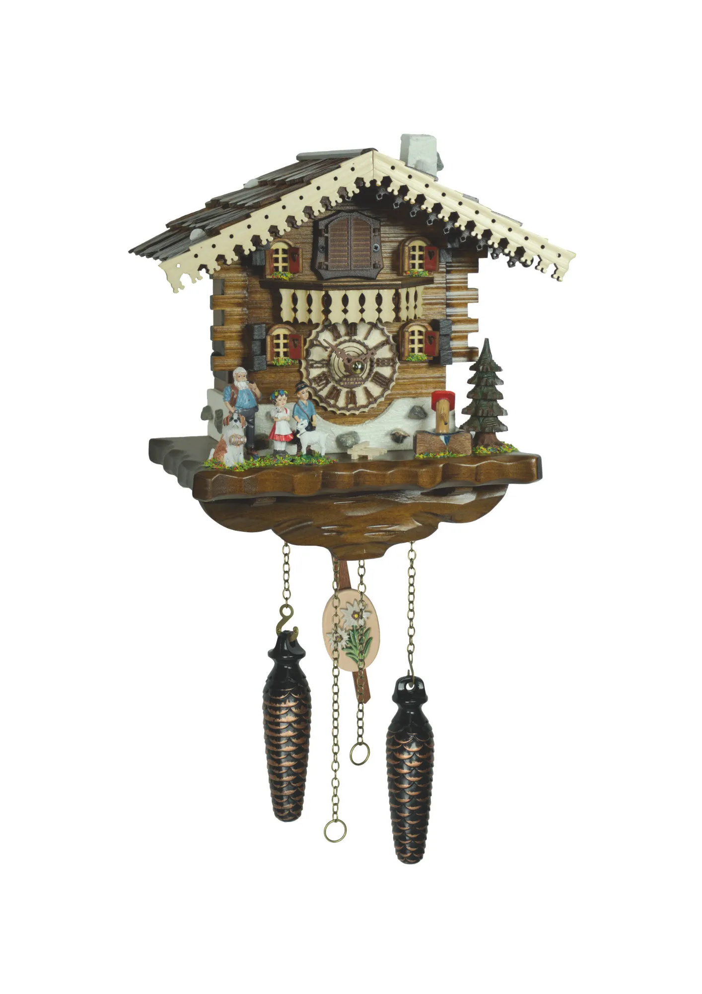 Battery black forest cuckoo clock with Heidi family looking over the mountains plays music made by Trenkle Uhren