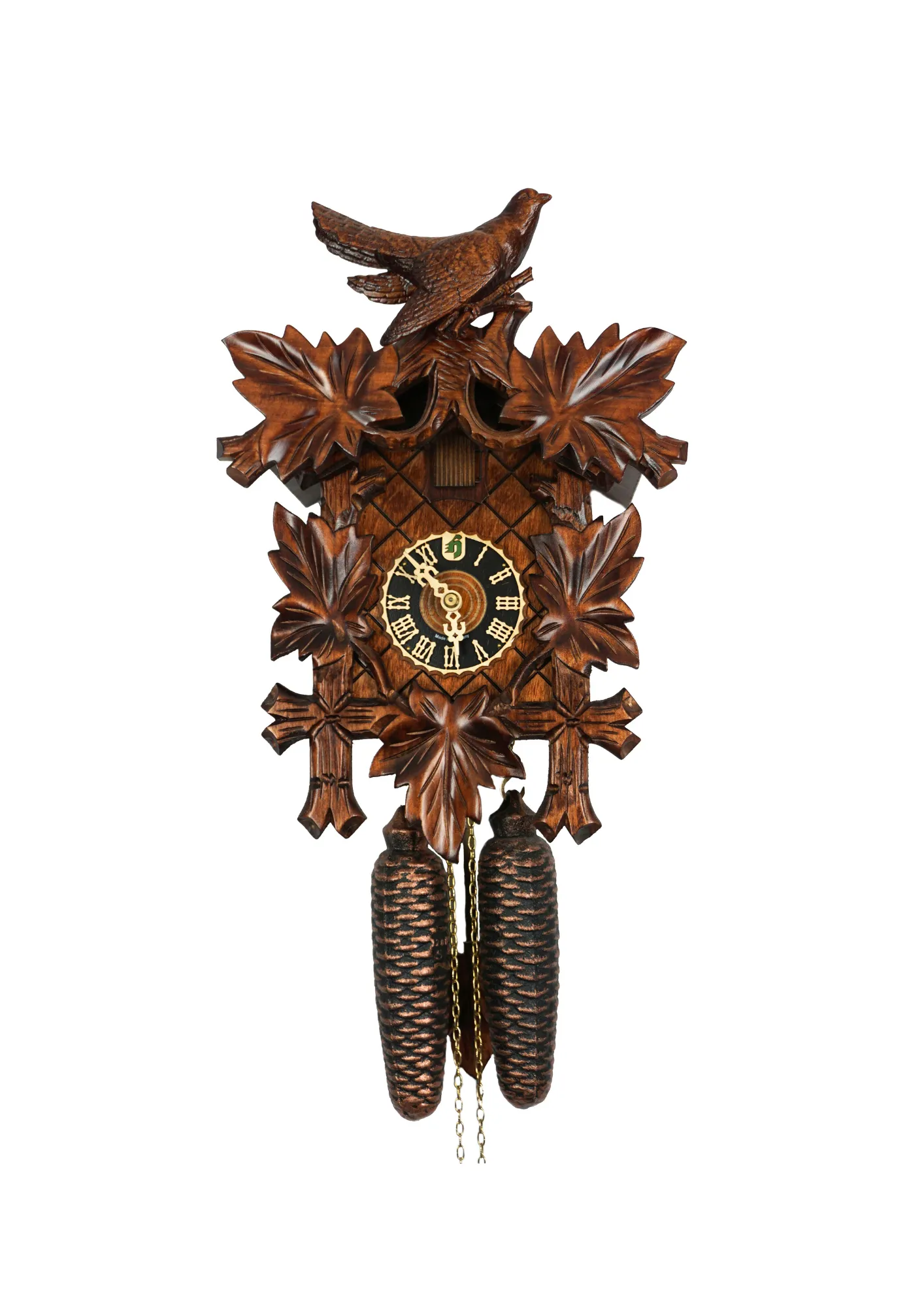 Traditional brown mechanical black forest cuckoo clock decorated with wine leave and very precisely carved cuckoo bird, made by Hönes