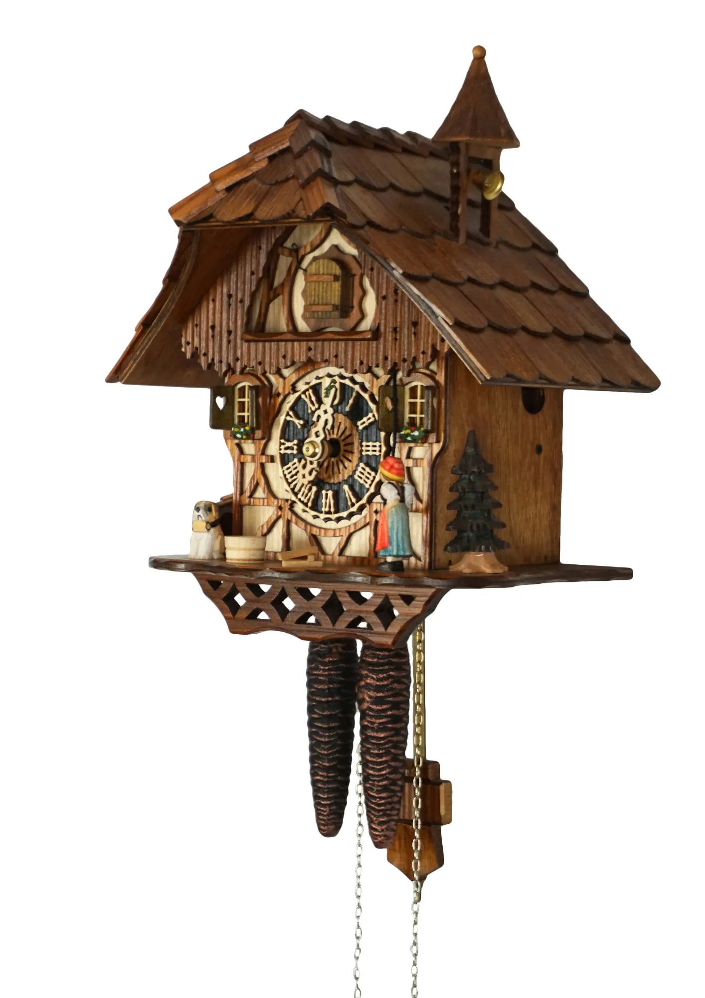 Cuckoo Clock Bell Ringer 1 Day Movement (1) Chalet colorful authentic black forest cuckoo clock with a nice shingle roof and a lady wearing traditional black forest clothing and rings the bell every hour made by Hönes