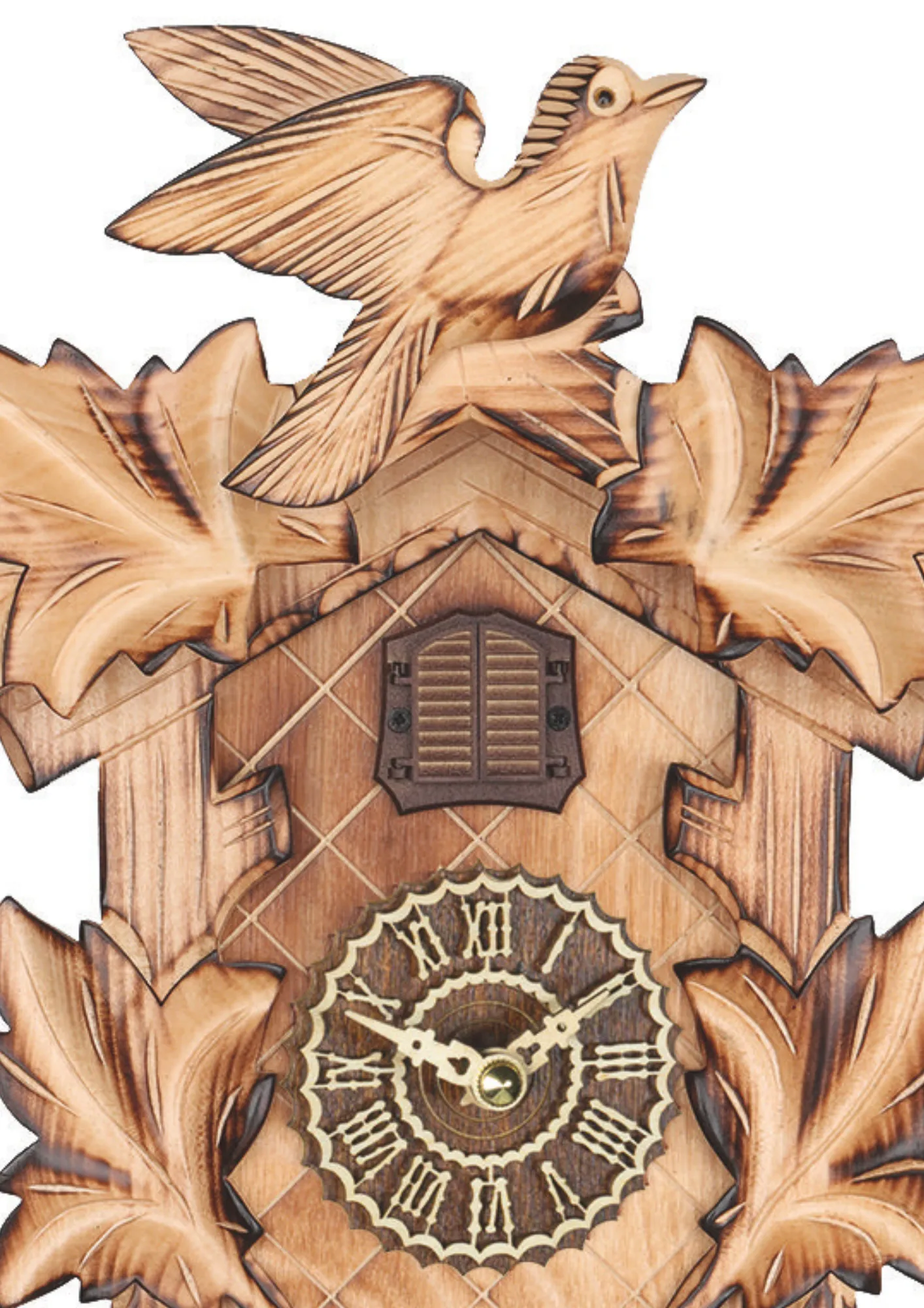 Cuckoo Clock Traditional Natural Wood Battery (2) Traditional style cuckoo clock with natural color wood and hand burnt edges to give it a rustical look, plays music and its made by Trenkle Uhren