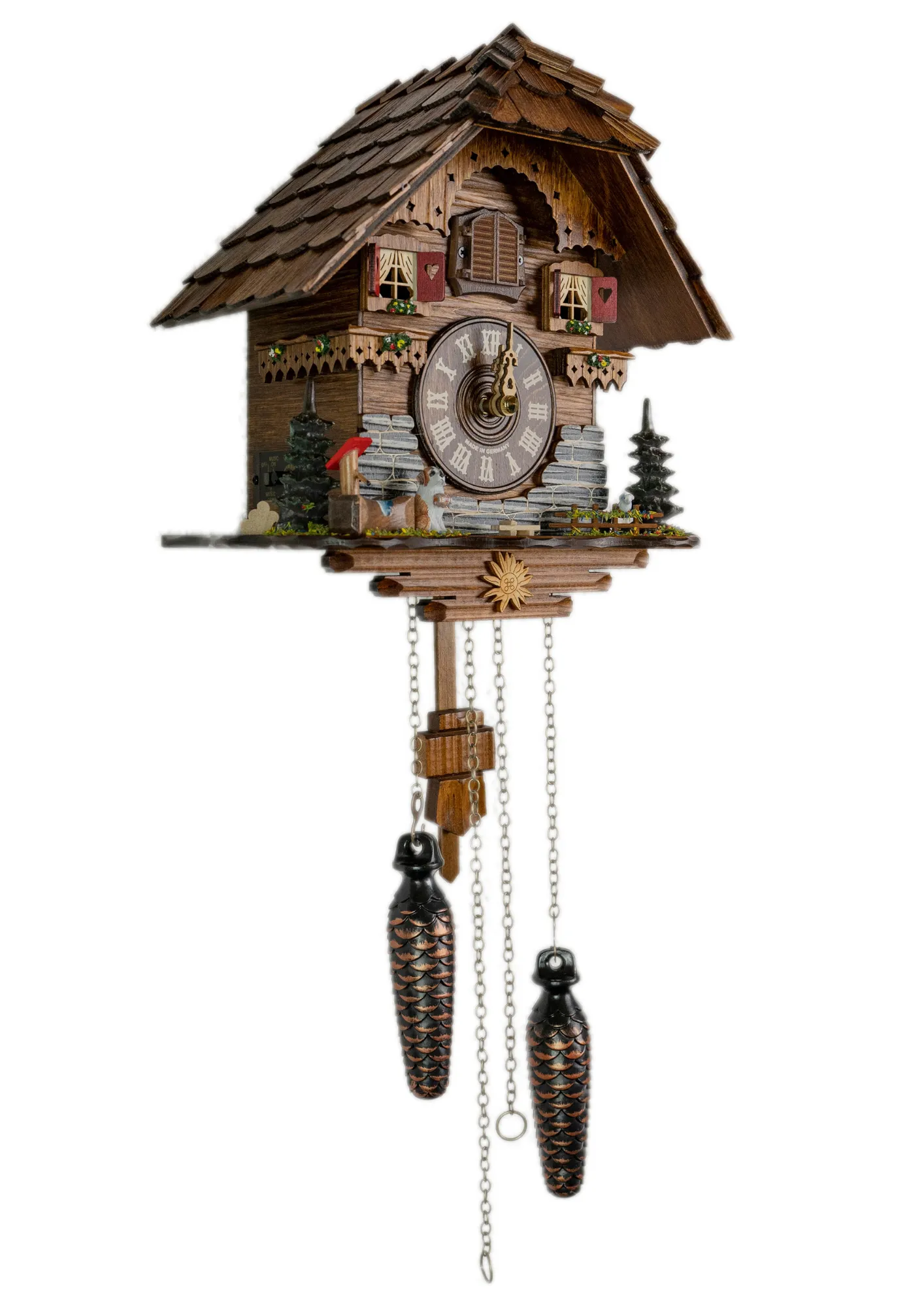 Cuckoo Clock Chalet with St. Bernard Battery (2) Souvenir battery chalet cuckoo clock with st. bernard plays music made by Trenkle Uhren