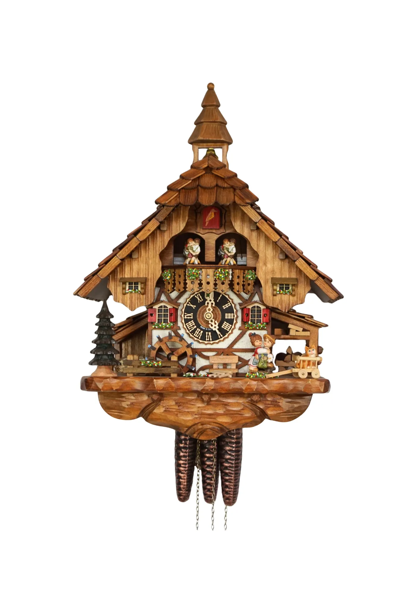 Original black forest mechanical cuckoo clock carved to the finest detail, decorated with shingle roof, church tower bell, dancing and kissing kids and much more, plays music 