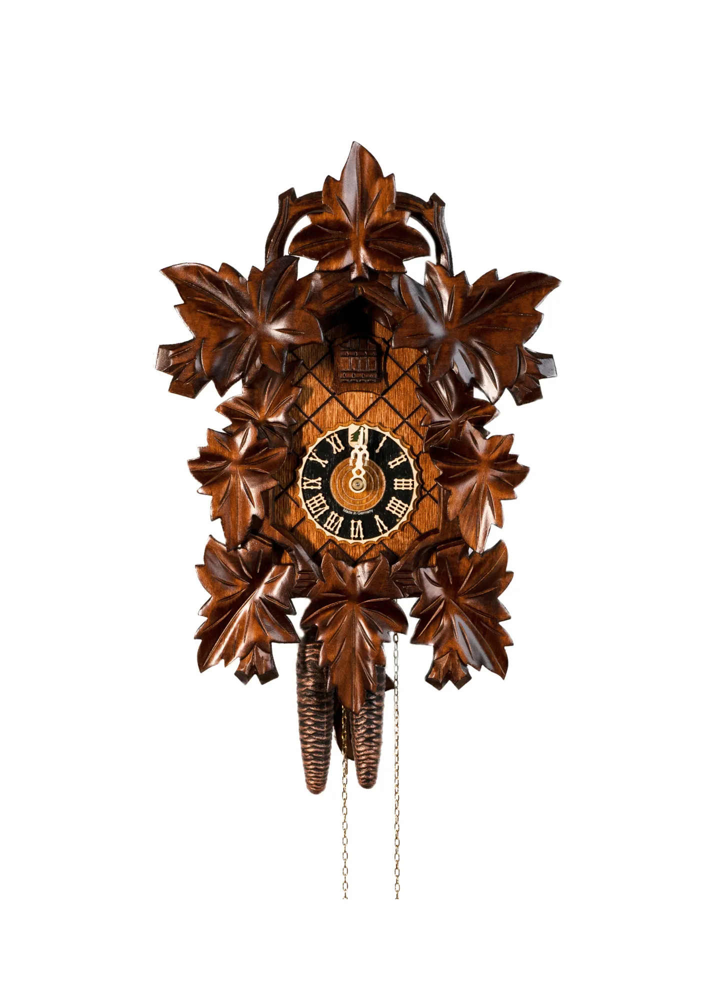 original authentic  brown black forest cuckoo clock decorated with wine leaves made by Hönes