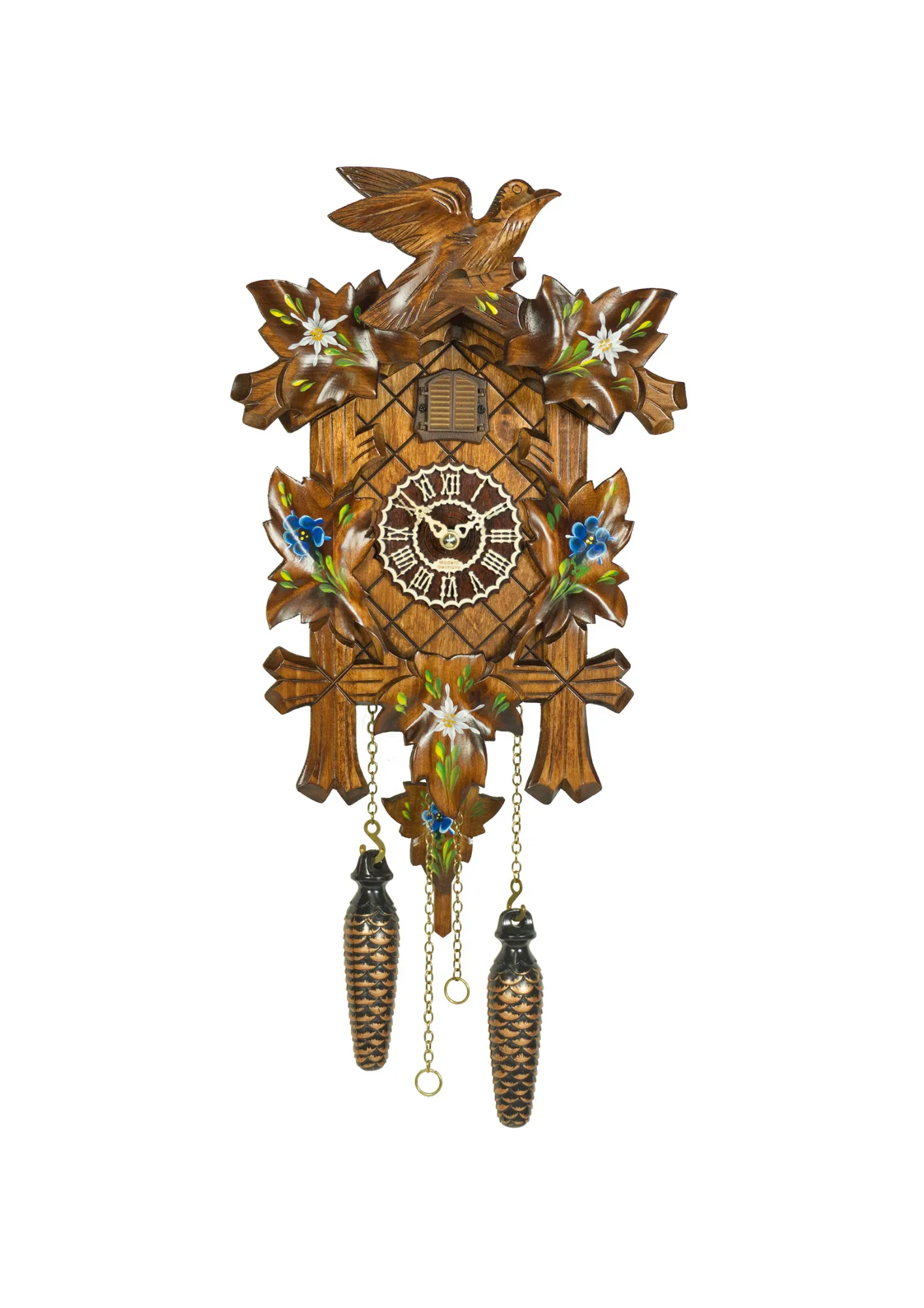 Traditional style quarz battery carved cuckoo clock with hand painted edelweiss flowers plays music made Trenkle Uhren
