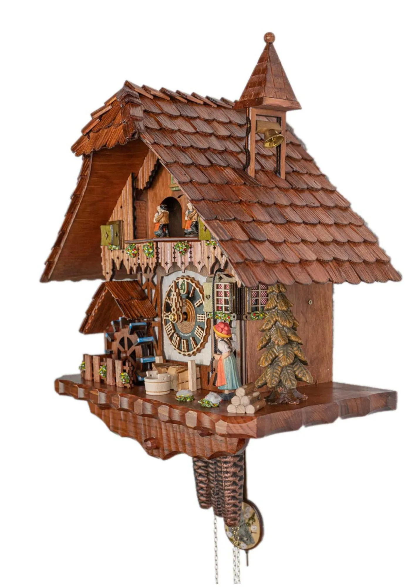 Cuckoo Clock Bell Ringer, Cottage House 1 Day Movement Music (3) Cottage brown-white mechanical black forest cuckoo clock with black forest lady in traditional dress with bollenhut ringing the house bell, while music is being played dancers dance and water wheel turn. made by Hönes