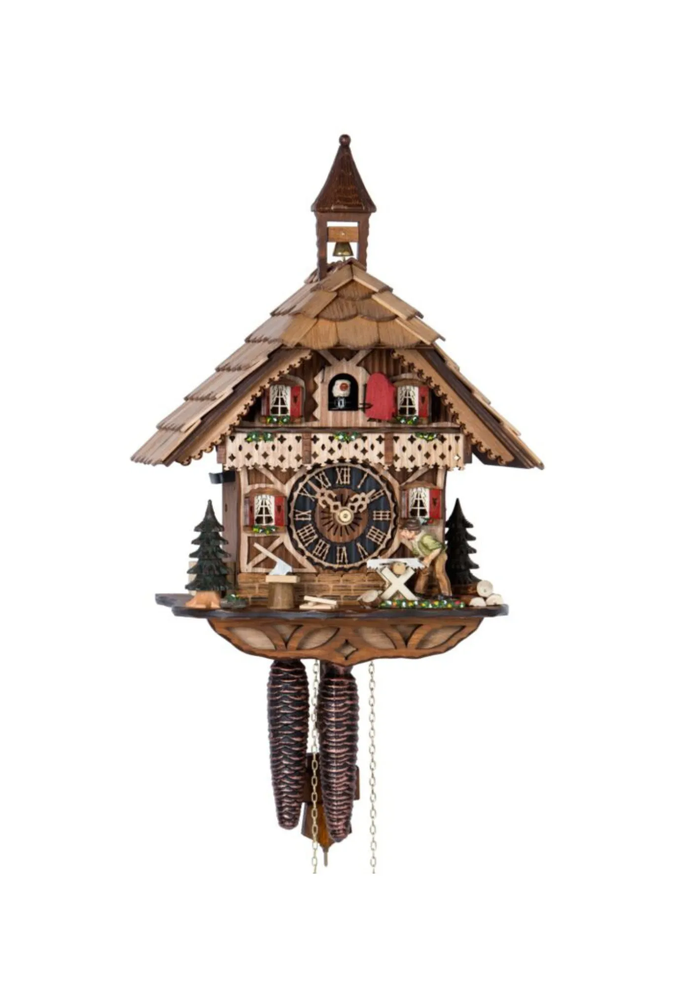 Hand carved authentic chalet style black forest cuckoo clock careved to the finest detail with wood sawyer sawing the wood when cuckoo chimes made by Hönes