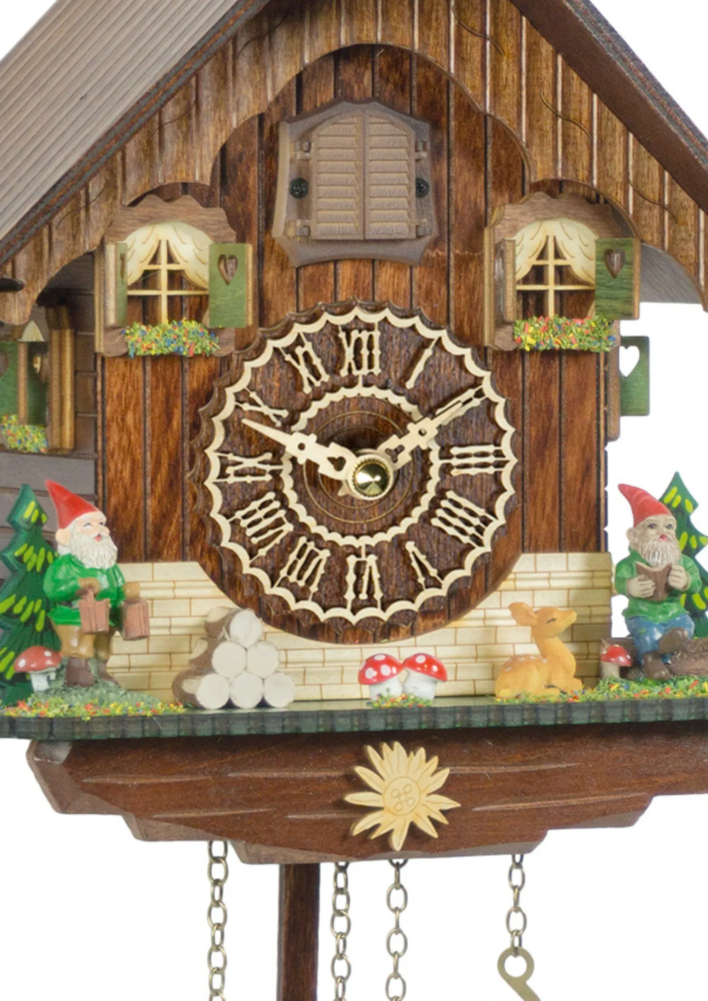 Cuckoo Clock - Forest Gnomes - Battery (2) Chalet Battery Operated / Quartz Cuckoo Clock with Forest Gnomes that plays music made by Trenkle Uhren
