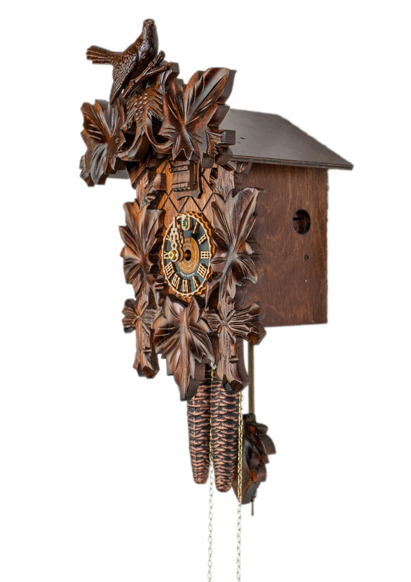 Cuckoo Clock Traditional, Cuckoo Bird 1 Day Movement (3) Authentic mechanical brown black forest cuckoo clock with nicely carved cuckoo bird decorating the top made by Hönes