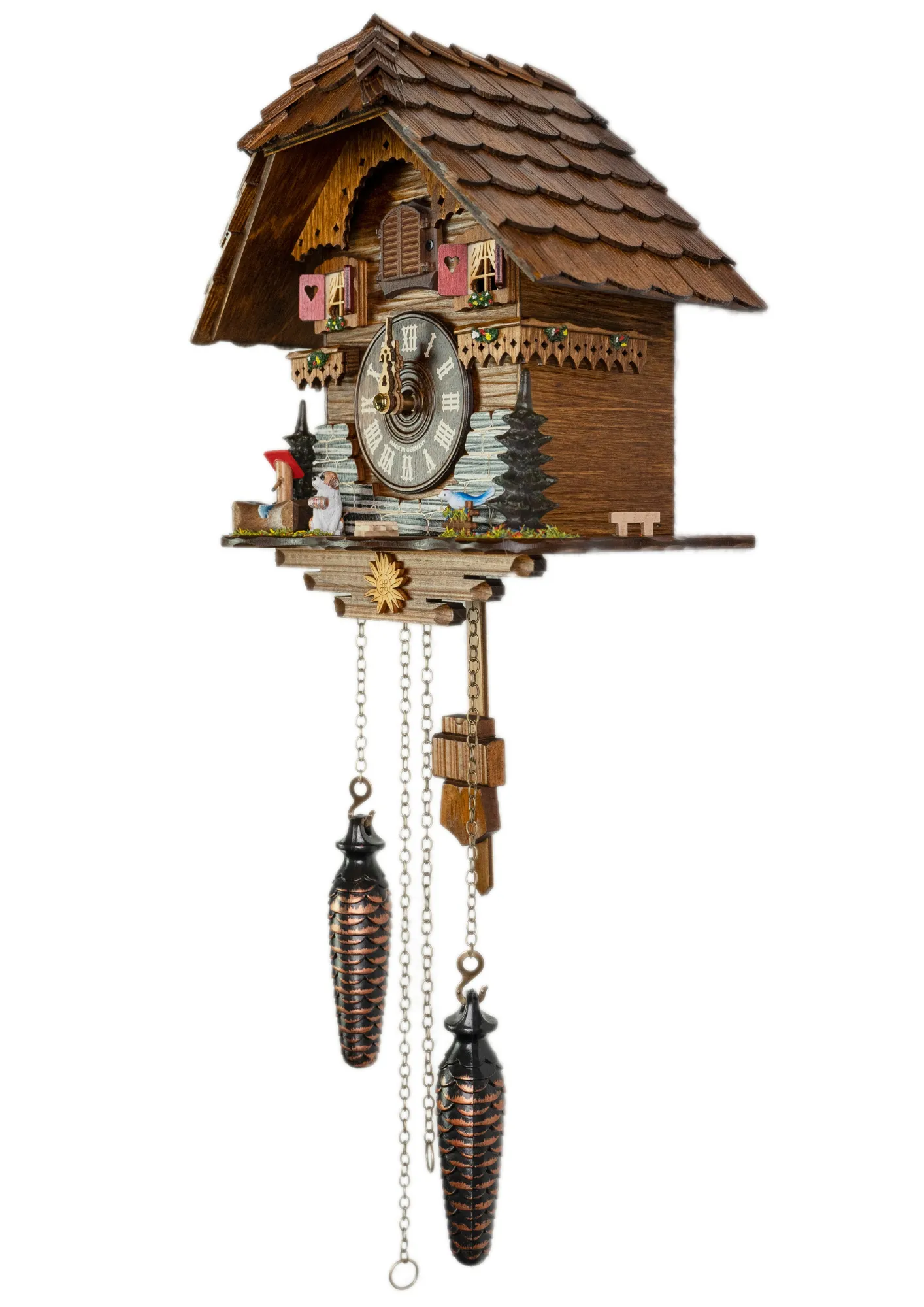 Cuckoo Clock Chalet with St. Bernard Battery (3) Souvenir battery chalet cuckoo clock with st. bernard plays music made by Trenkle Uhren