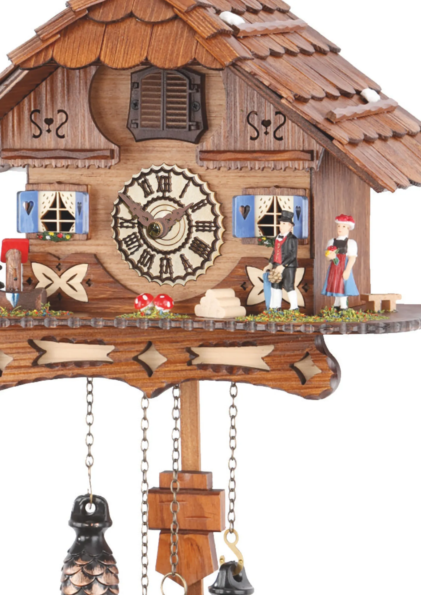 Black Forest battery cuckoo clock with a couple in front of the chalet house plays music made by Trenkle Uhren